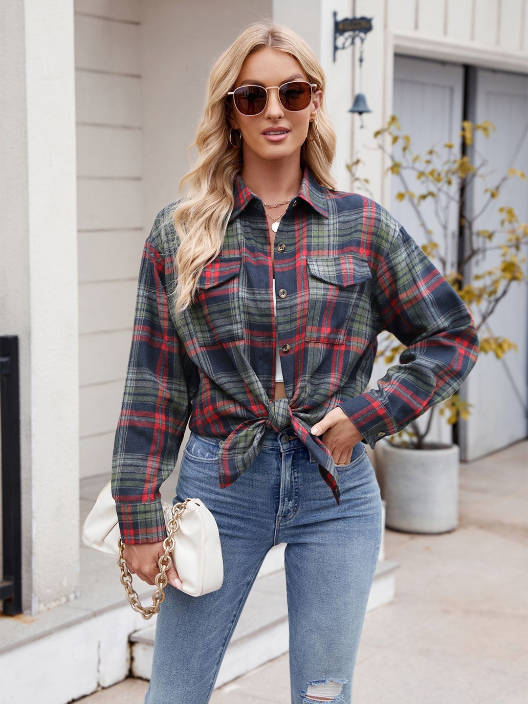 

StyleCast x Revolte Women Spread Collar Tartan Checked Casual Shirt, Navy blue