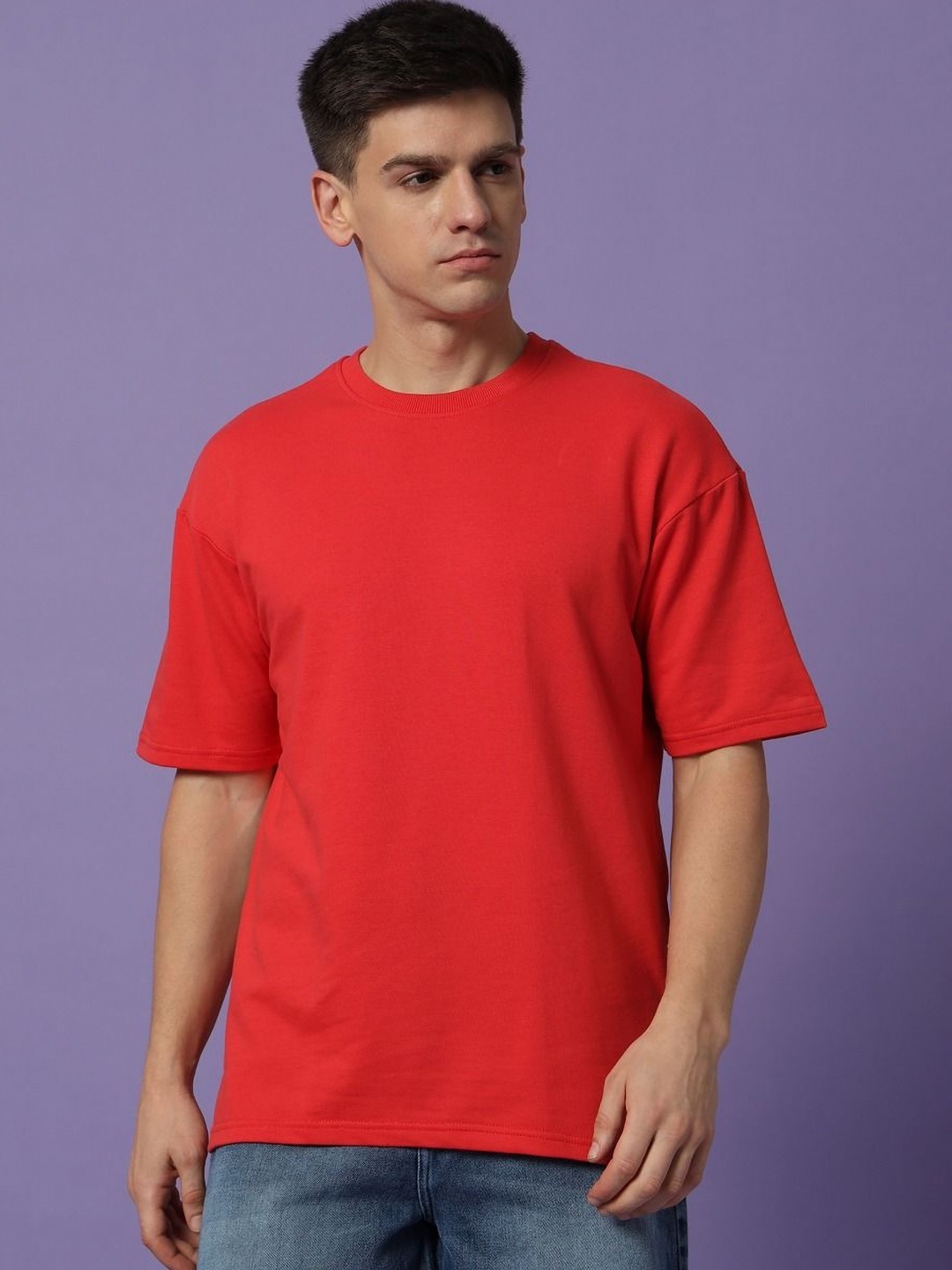 

PockMAN Men Bio Finish Solid Round Neck Pure Cotton Oversized T-shirt, Red