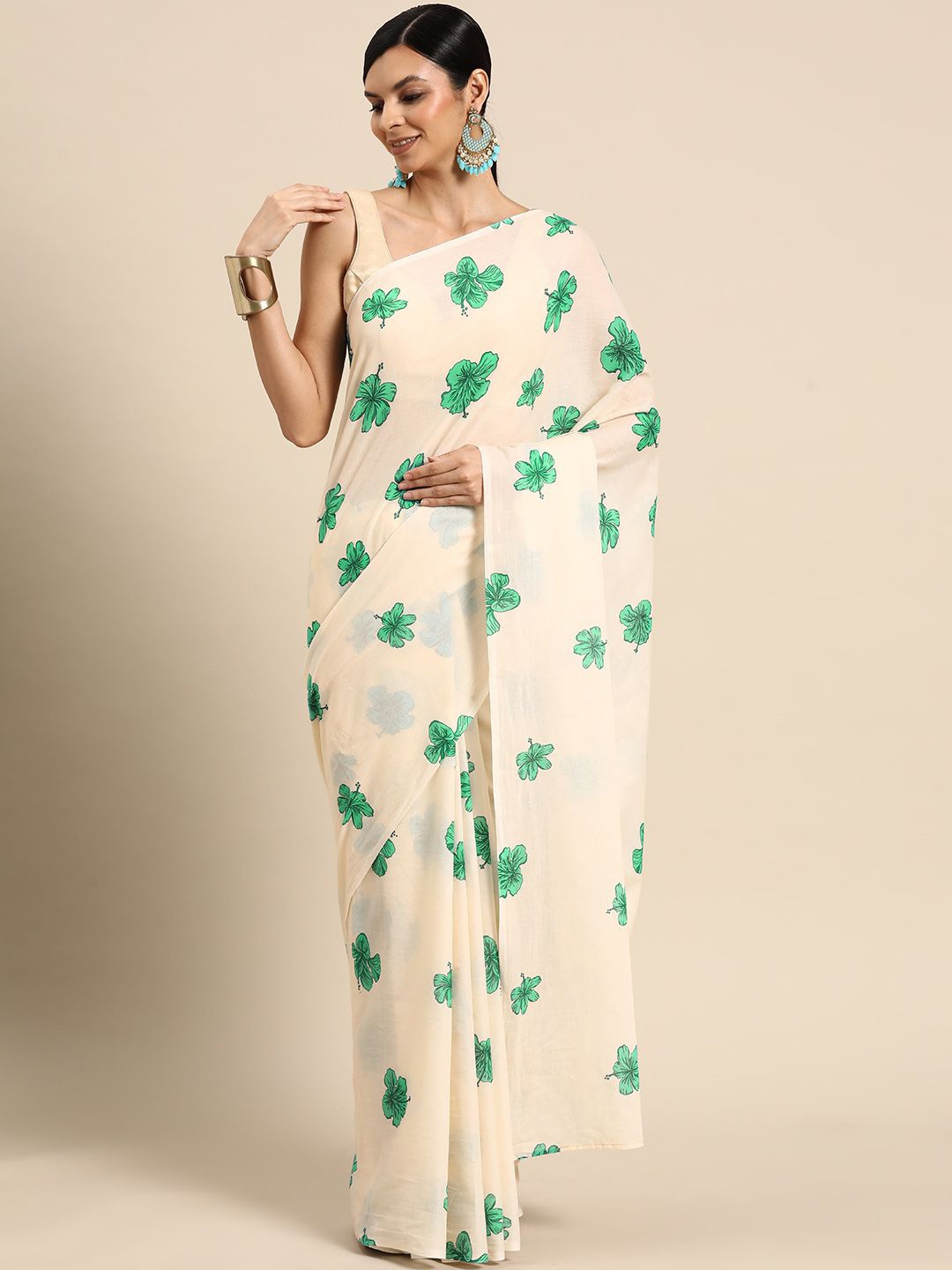 

BUTA BUTI Floral Pure Cotton Solid Border Saree, Green