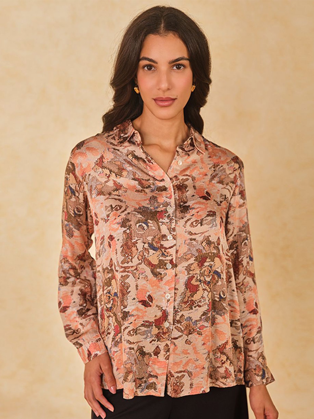 

AND Women Printed Casual Shirt, Peach