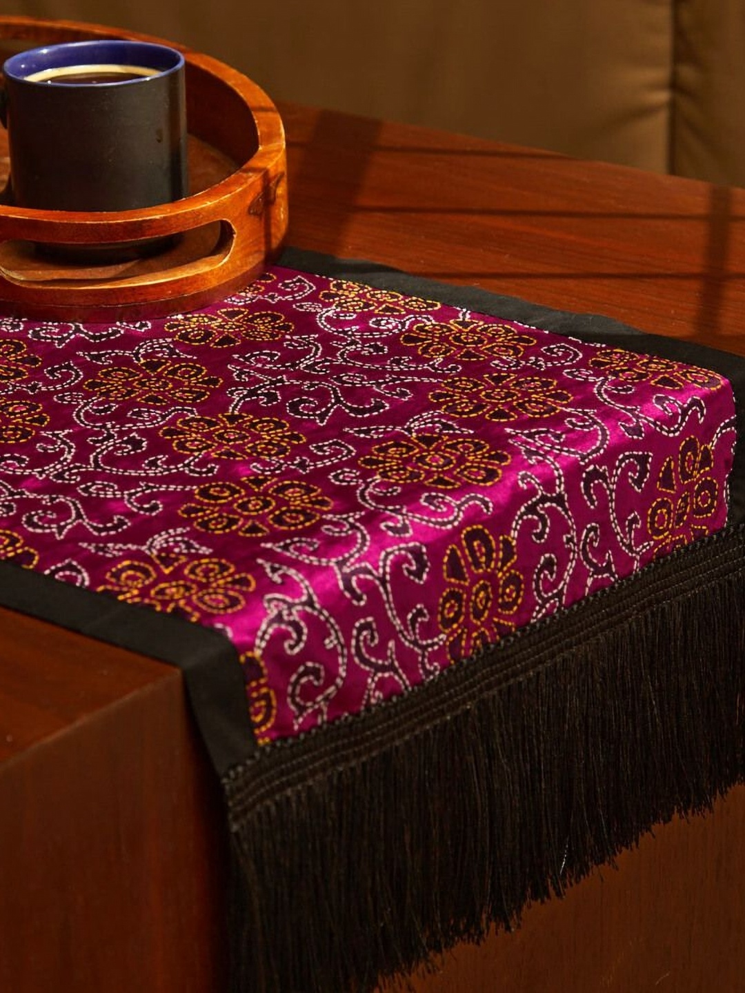 

MAATIR DESIGNS Pink & Black Floral Embroided Pure Silk Table Runner