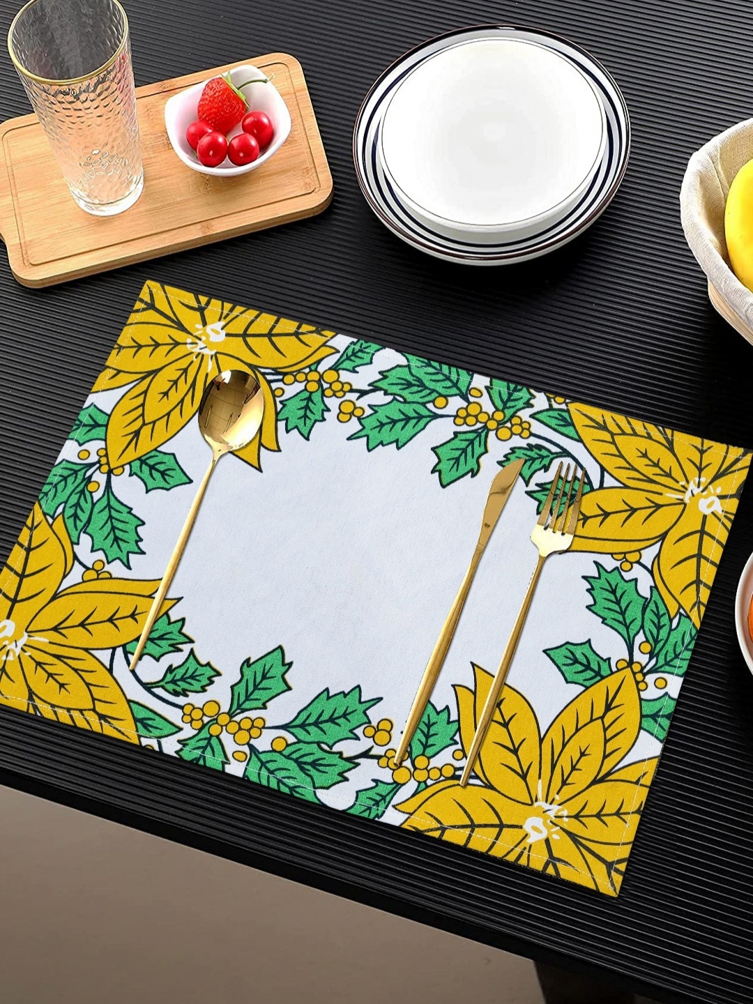 

ANA Mustard Yellow & White 2 Pieces Floral Printed Rectangle Cotton Table Placemats