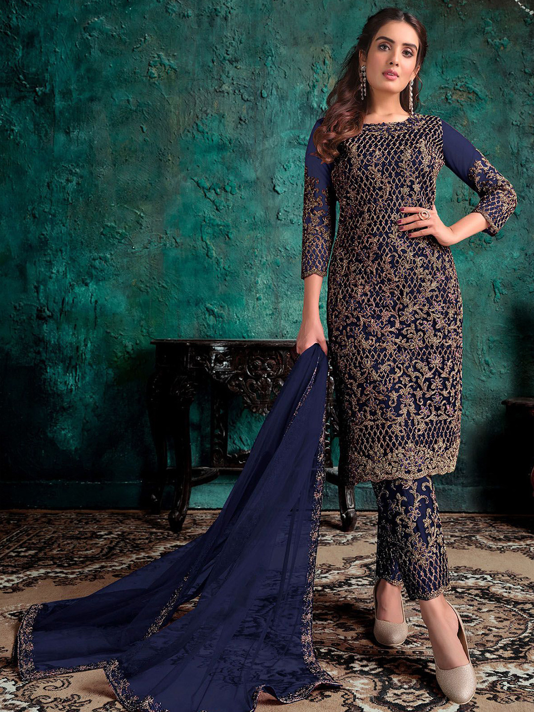 

ODETTE Floral Embroidered Net Semi Stitched Dress Material, Navy blue