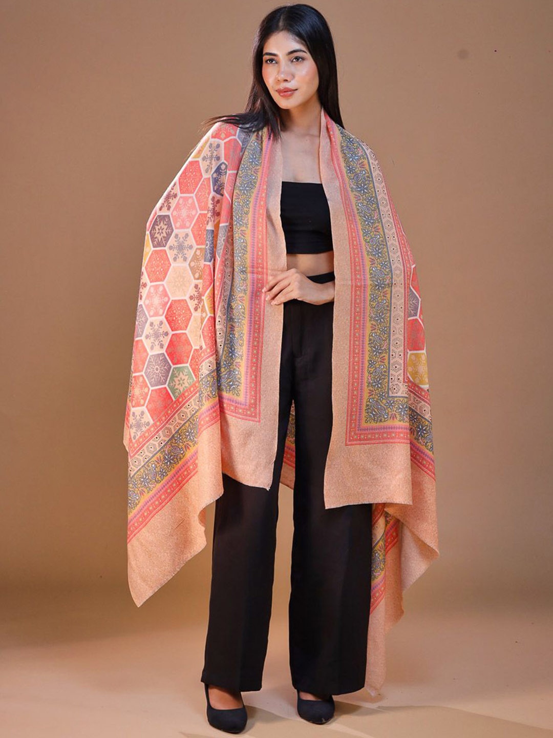 

SWI Stylish Kalamkari Printed Sequinned Shawl, Peach