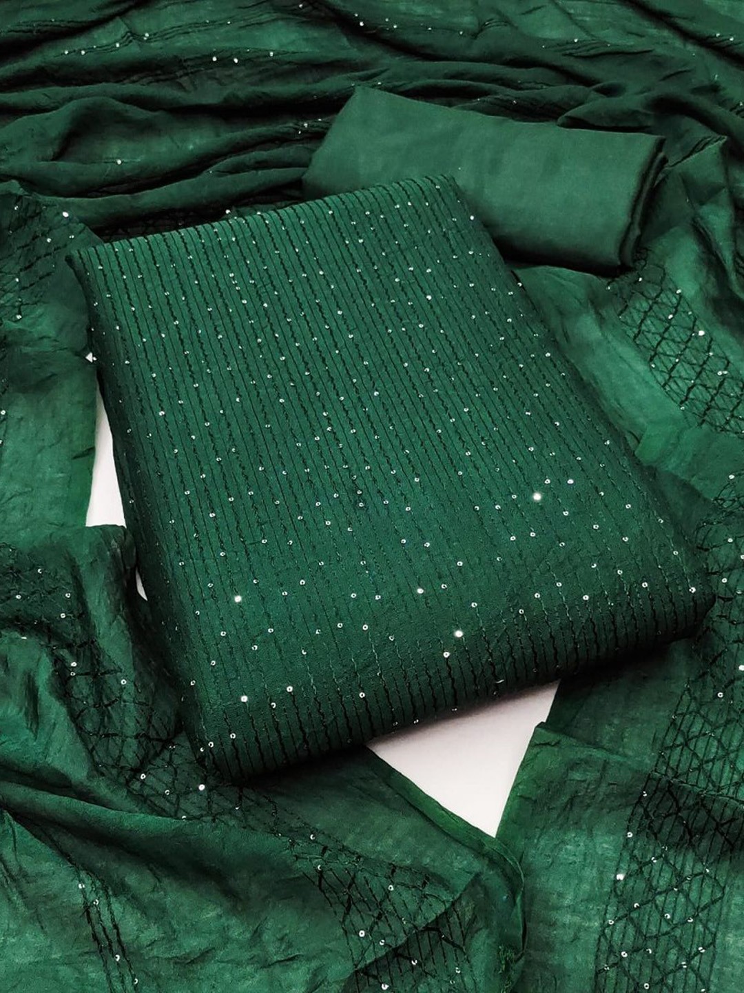 

APNISHA Embellished Sequinned Unstitched Dress Material, Green
