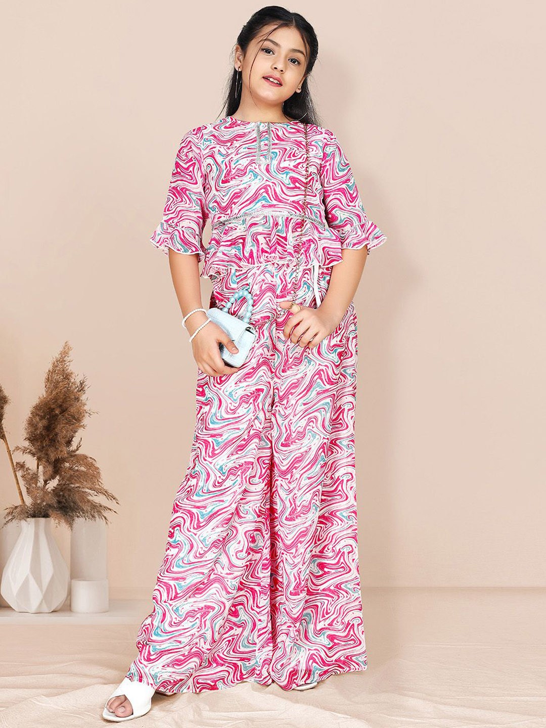 

BAESD Girls Abstract Printed Regular Top with Palazzos, White