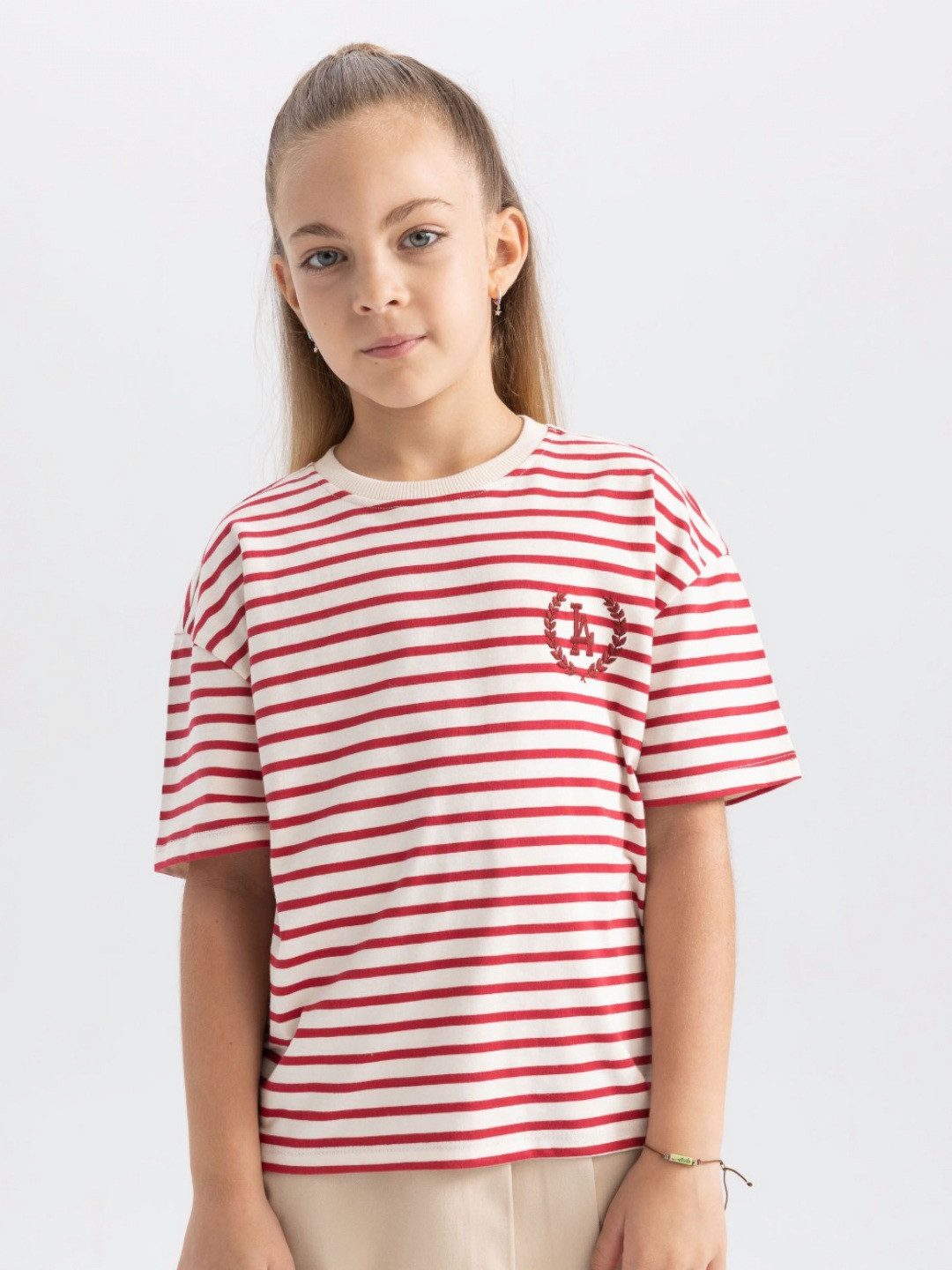 

DeFacto Girls Striped Round Neck Cotton T-shirt, White