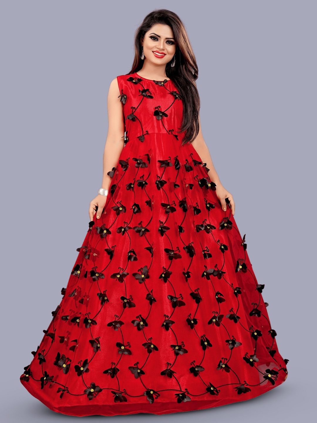 

Aika Women Floral Embroidered Net Fit & Flare Maxi Dress, Red