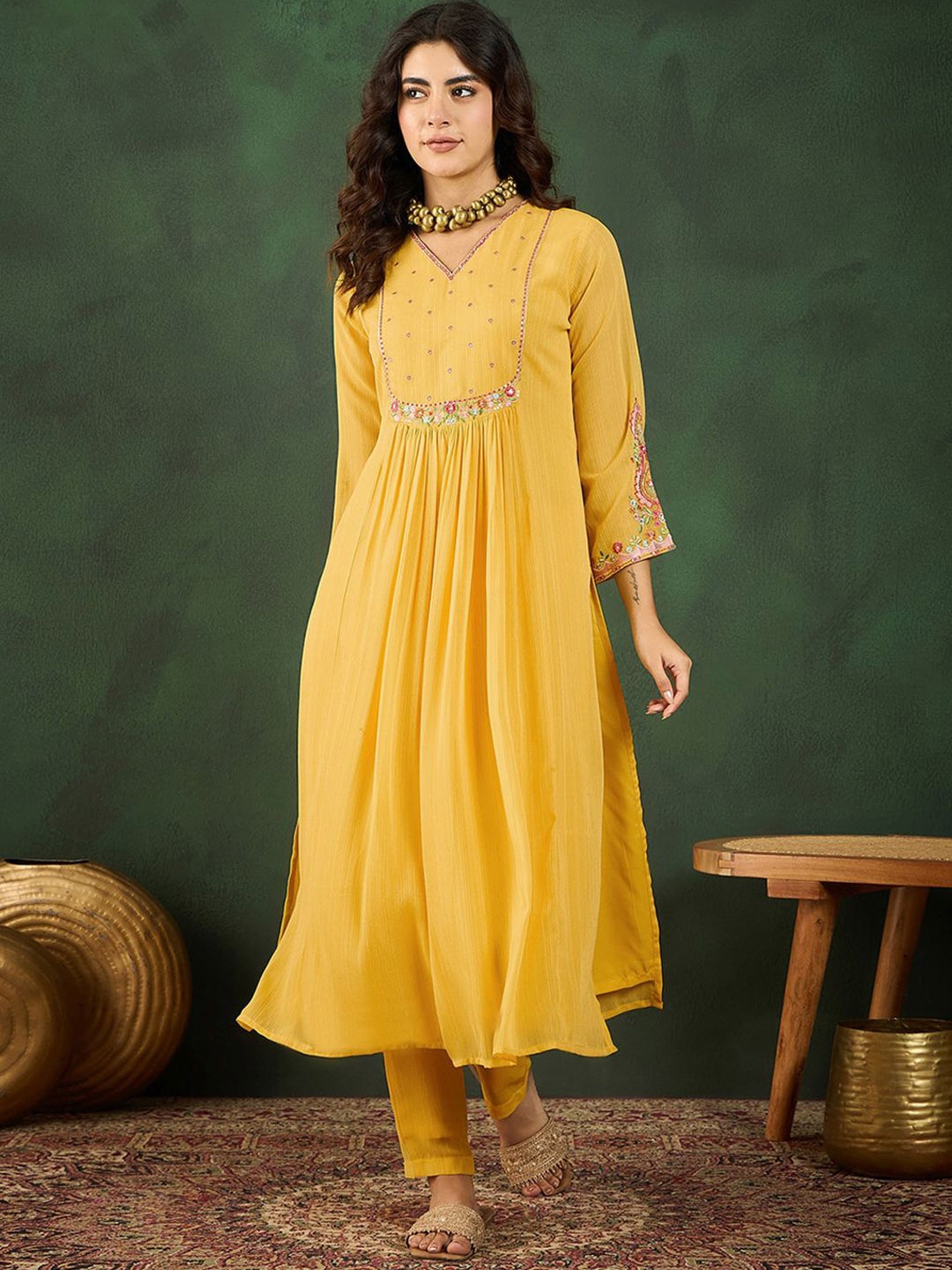 

Sangria V Neck Embroidered Kurta Sets, Yellow