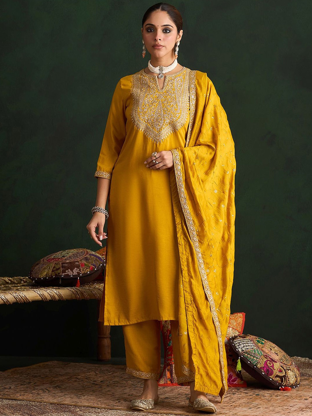 

Indo Era Ethnic Motifs Embroidered Kurta With Trousers & Dupatta, Yellow