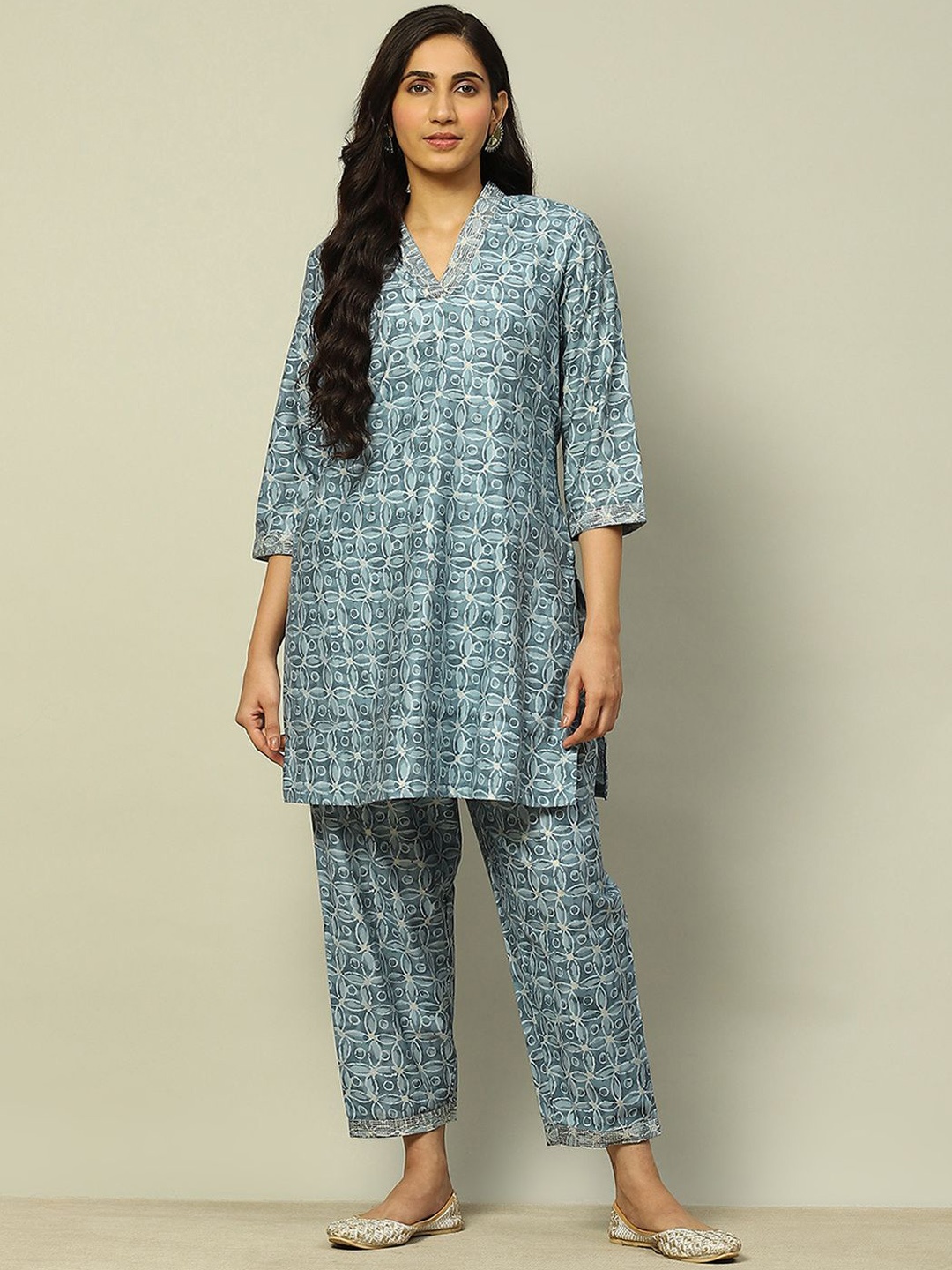 

Rangriti Printed Tunic With Trousers Co-Ords, Blue
