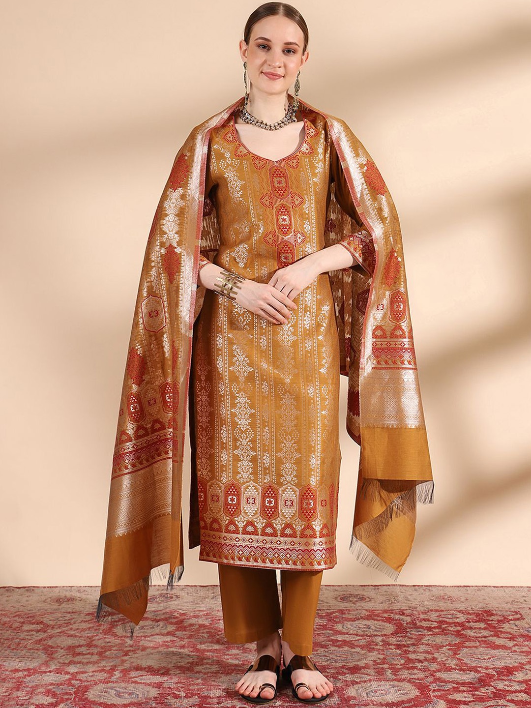 

KIDAR Woven Design Kurta with Trousers & Dupatta, Mustard