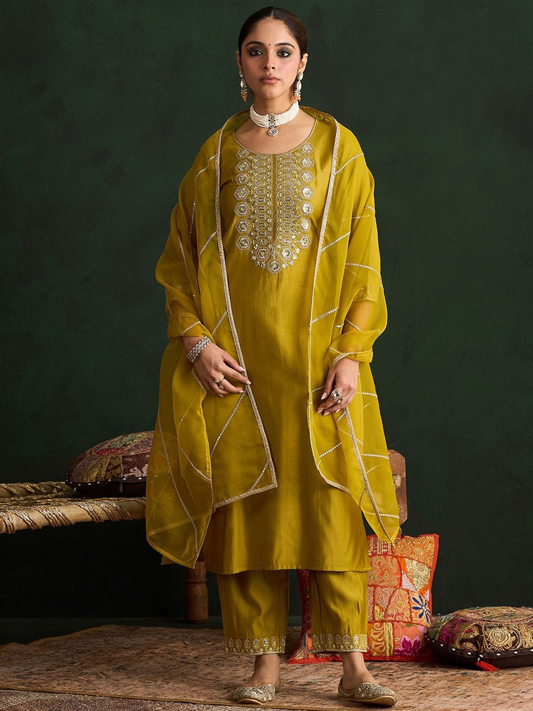 

Indo Era Ethnic Motifs Embroidered Sequinned Kurta With Trousers & Dupatta, Olive