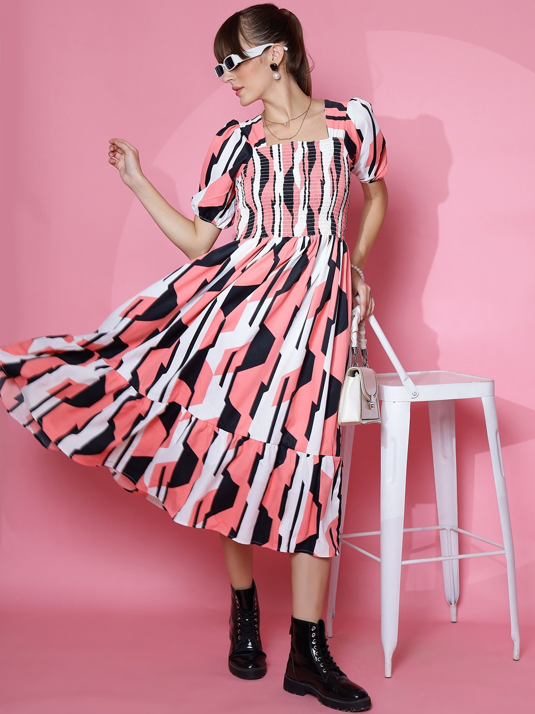 

SHEETAL Associates Printed Puff Sleeve Fit & Flare Midi Dress, Pink