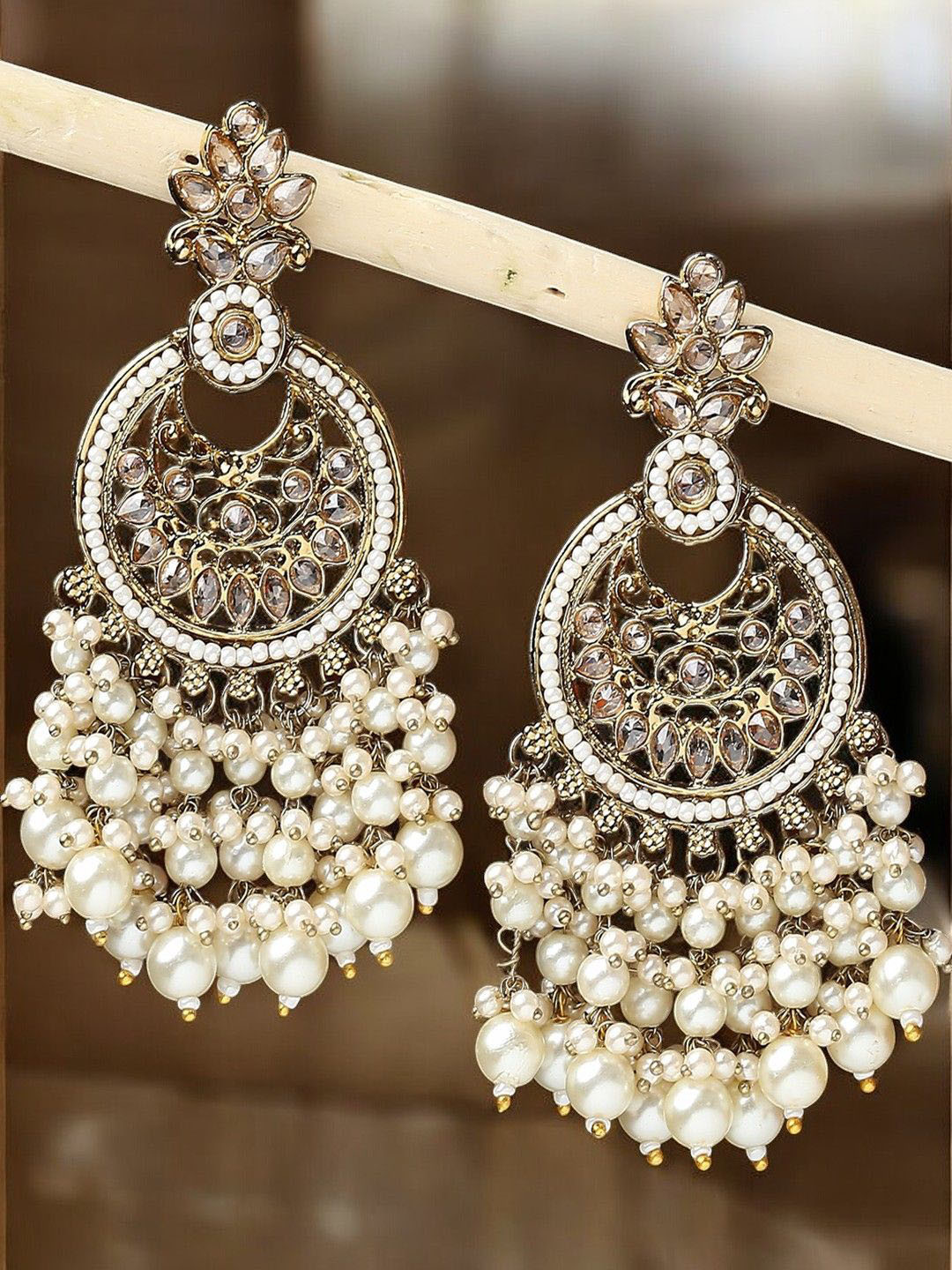 

House of Pataudi Kundan Stone Studded & Beaded Earrings, Gold