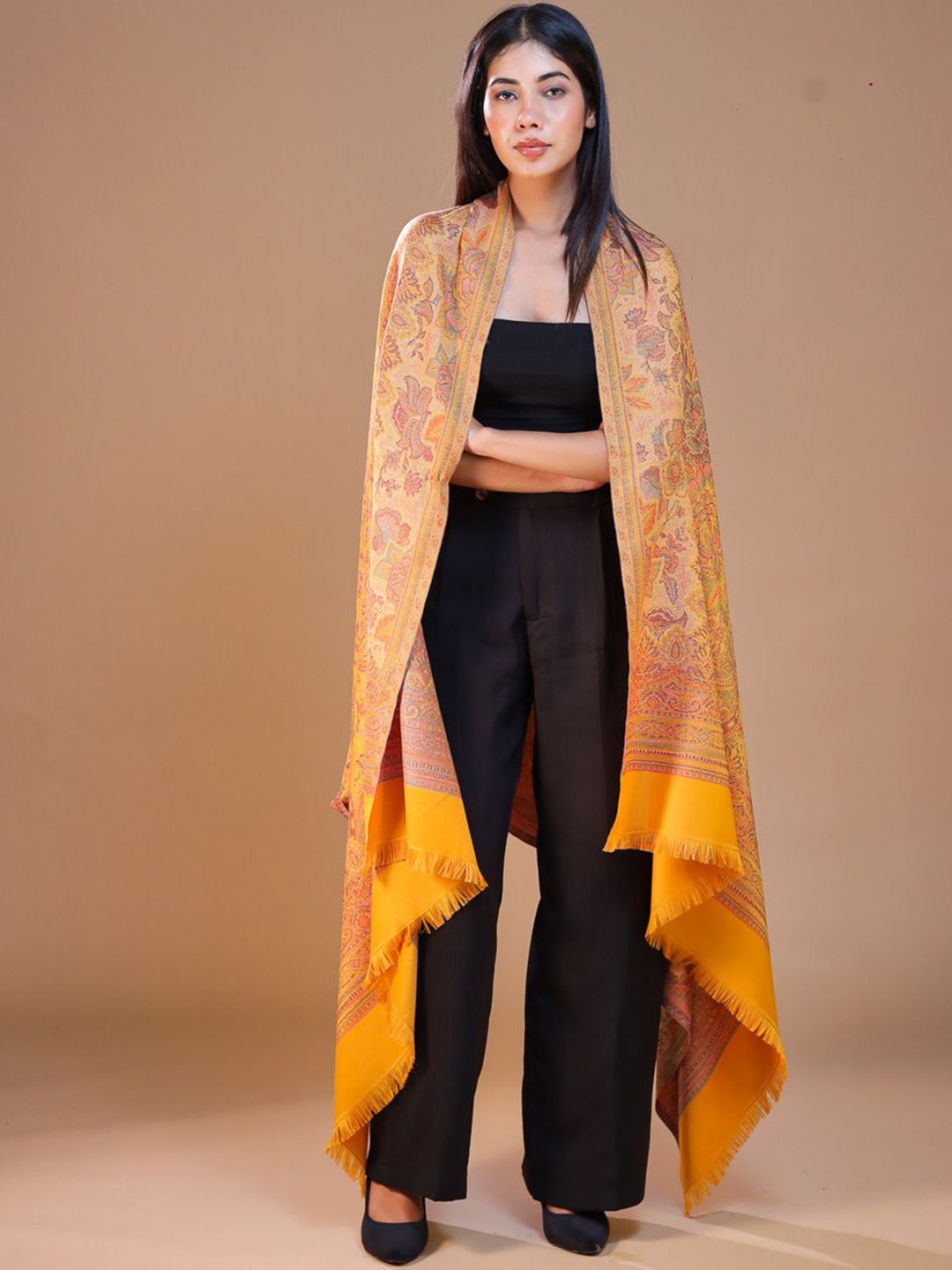 

SWI Stylish Floral Woven Design Jamawar Wool Shawl, Yellow