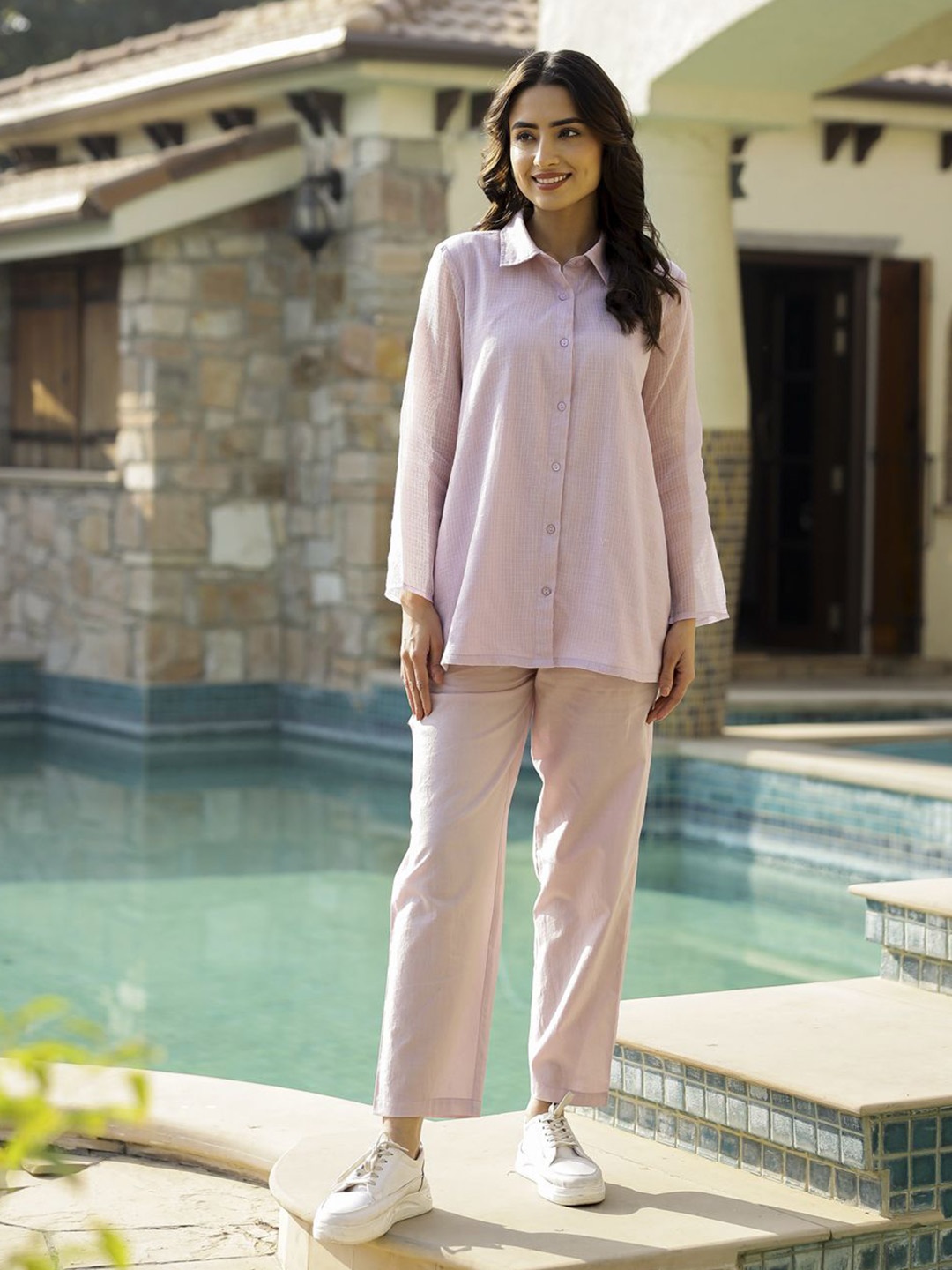 

SANSKRUTIHOMES Pure Cotton Shirt With Trousers Co-Ords, Pink