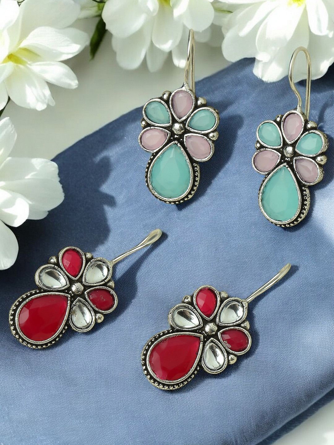 

Sangria Set Of 2 Stone Studded Drop Earrings, Silver