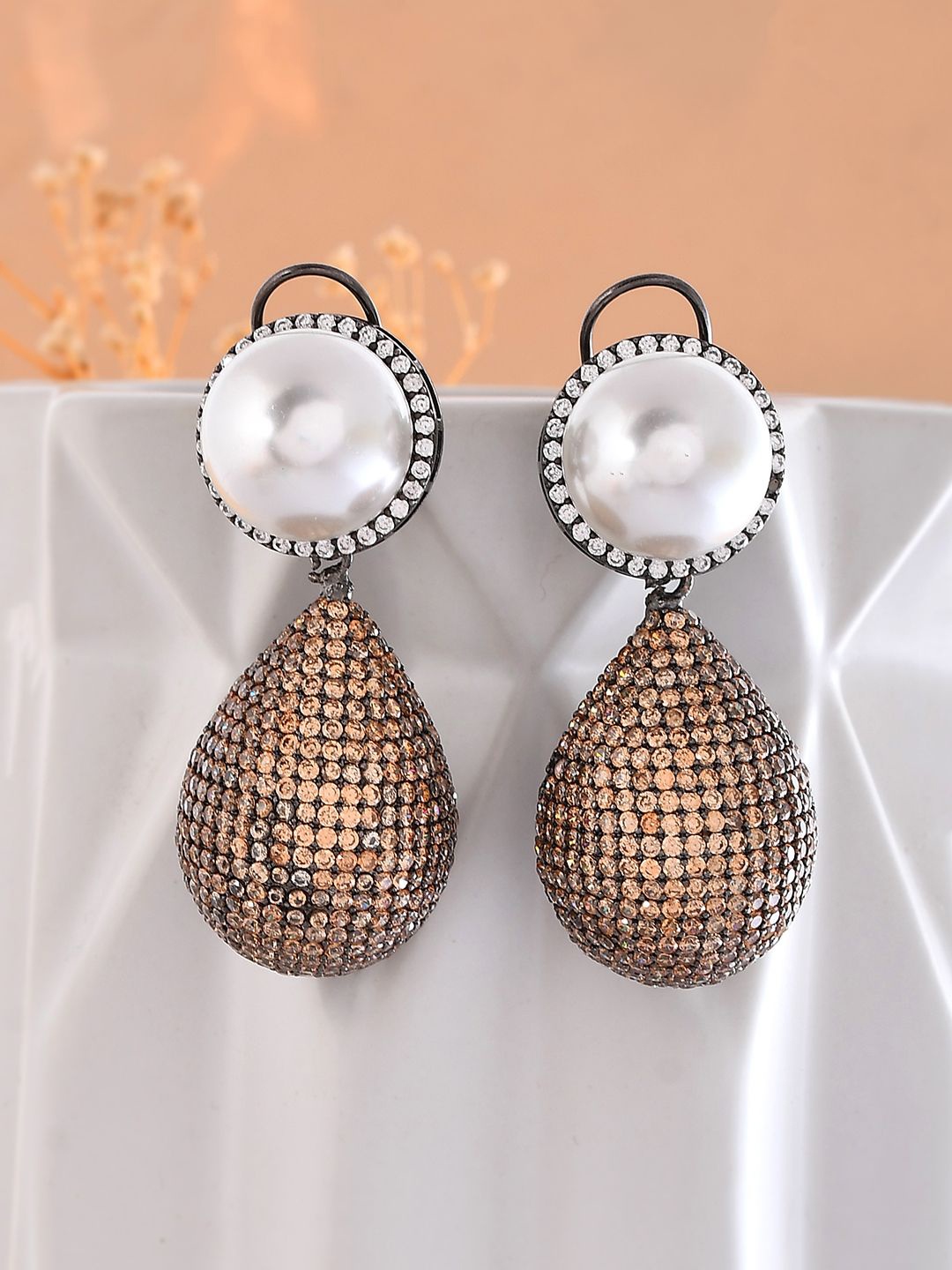 

Voylla Rhodium Plated Contemporary American Diamond Drop Earrings, Silver