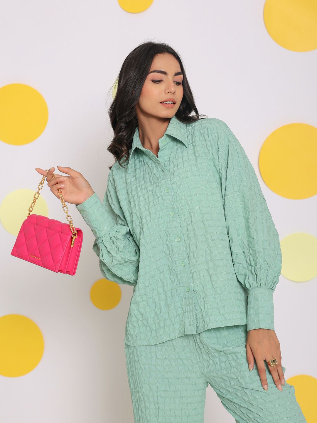 

KAORI BY SHREYA AGARWAL Women Modern Spread Collar Textured Cotton Casual Shirt, Green