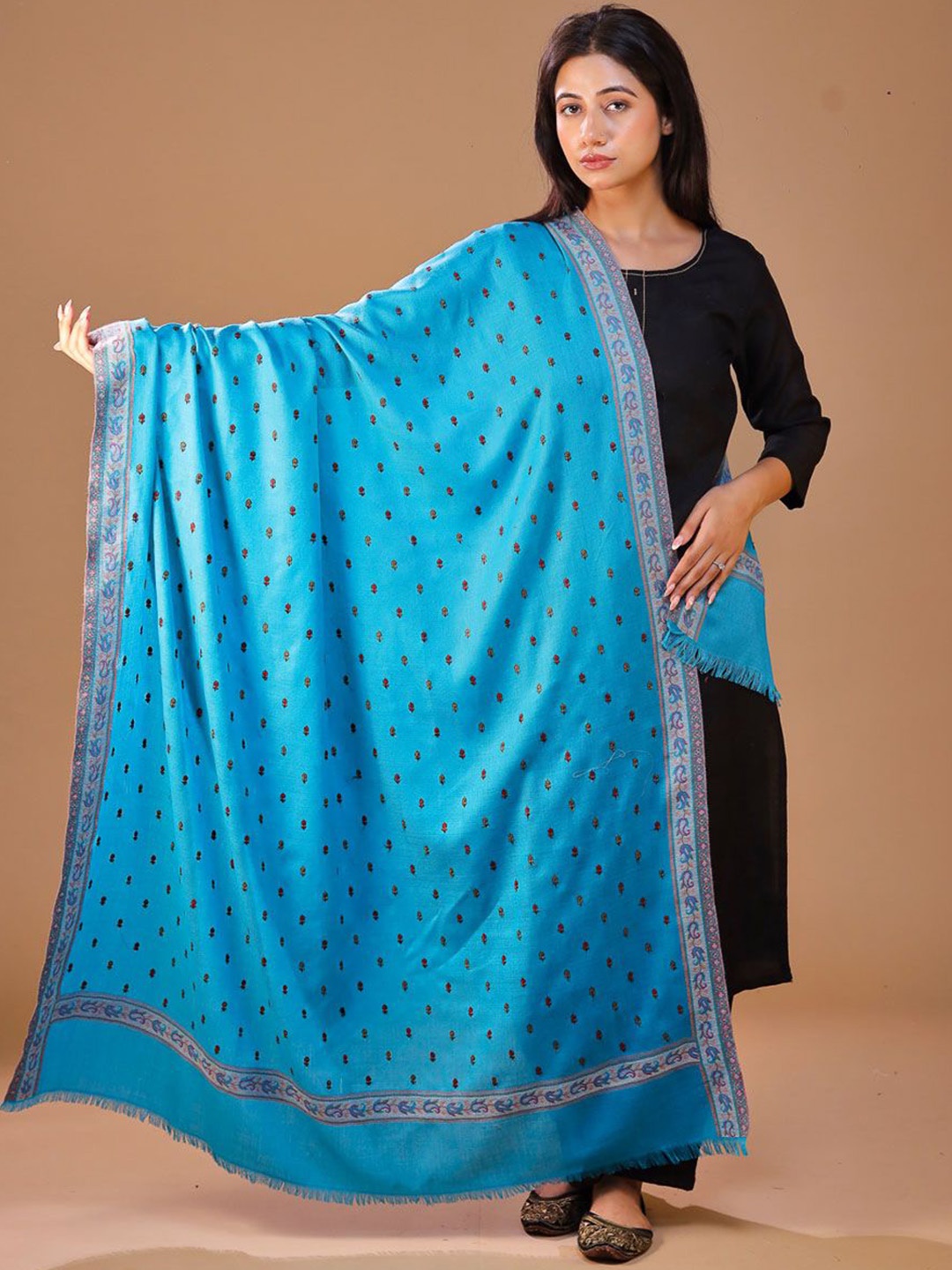 

SWI Stylish Floral Embroidered Woolen Shawl, Turquoise blue