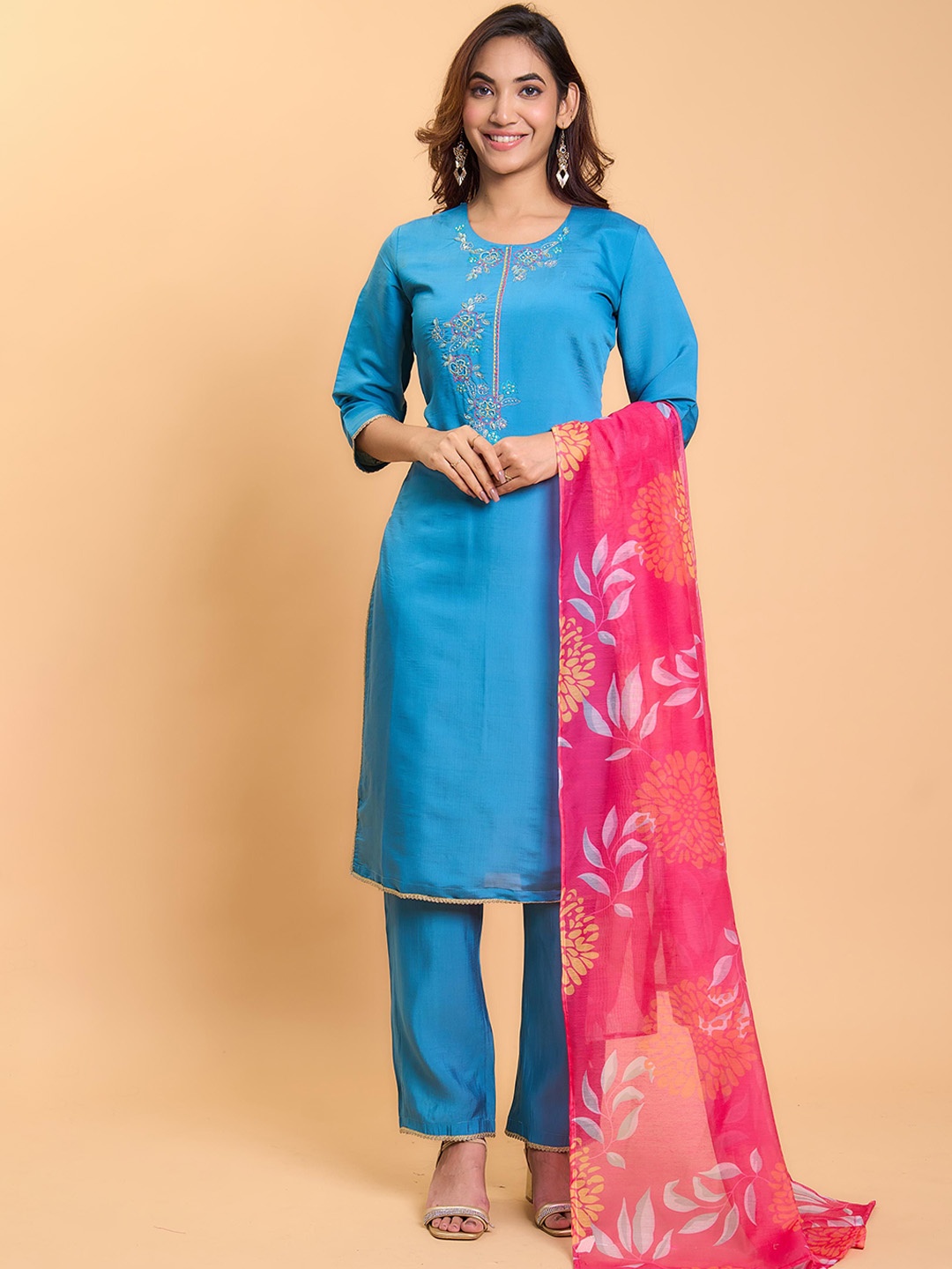 

HERE&NOW Floral Embroidered Beads and Stones Chanderi Silk Kurta with Trousers & Dupatta, Blue