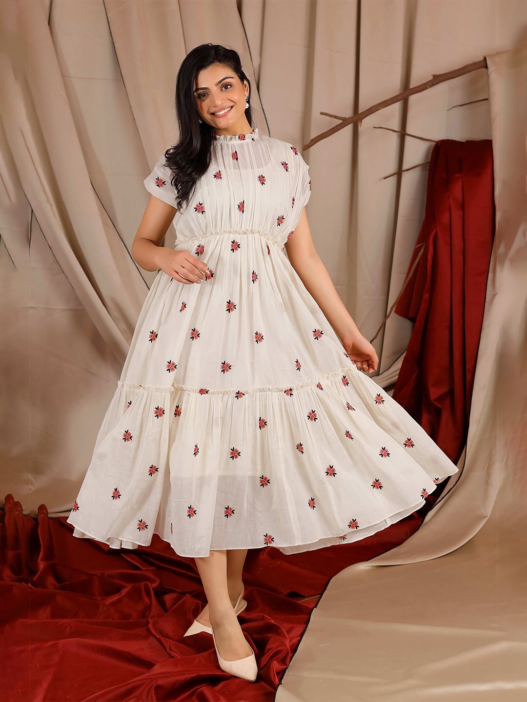 

Bullion Knot Floral Embroidered Choker Neck Ruffled Fit & Flare Midi Dress, Red