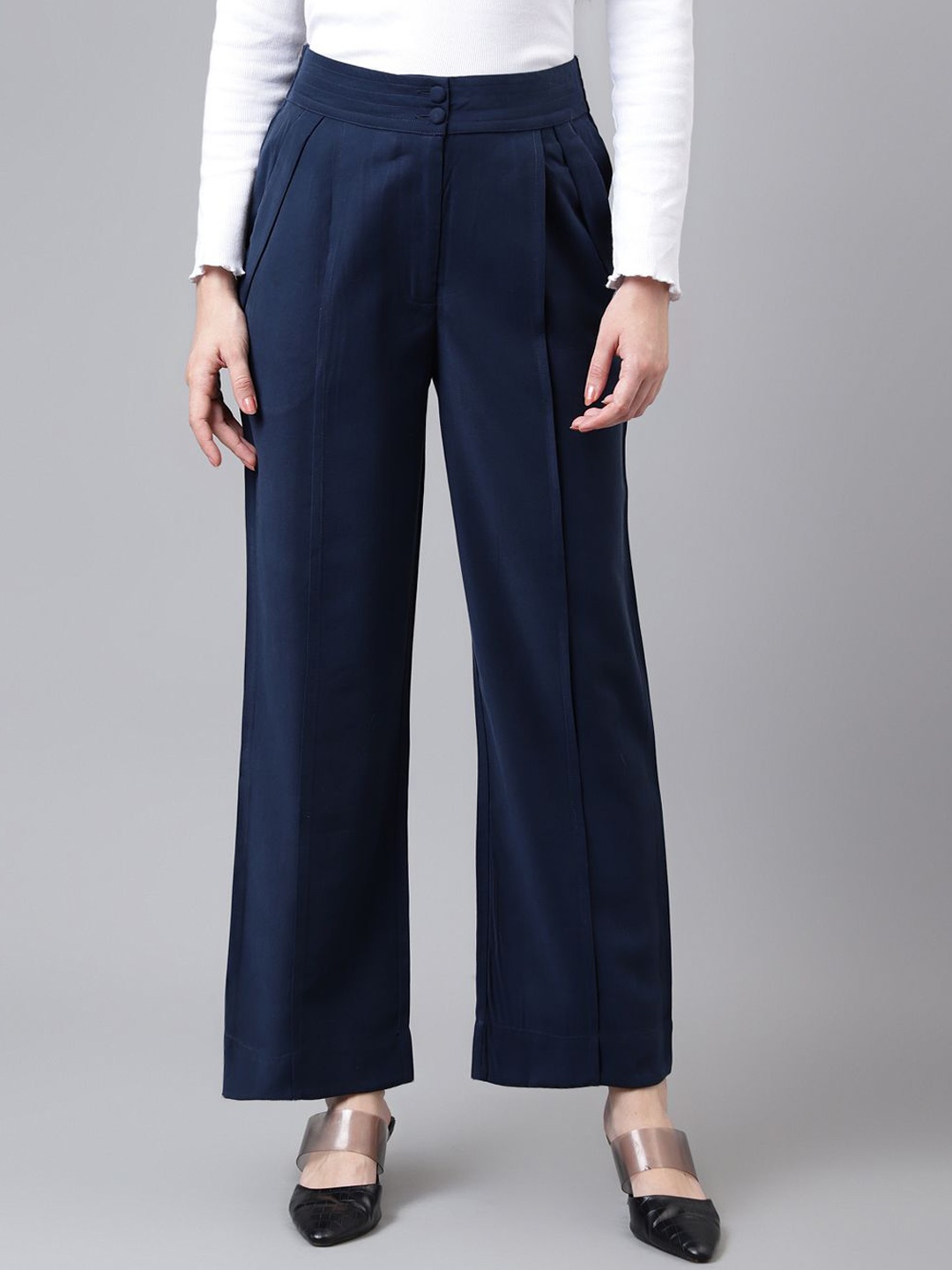 

Latin Quarters Women Straight Fit High-Rise Pleated Formal Trousers, Blue