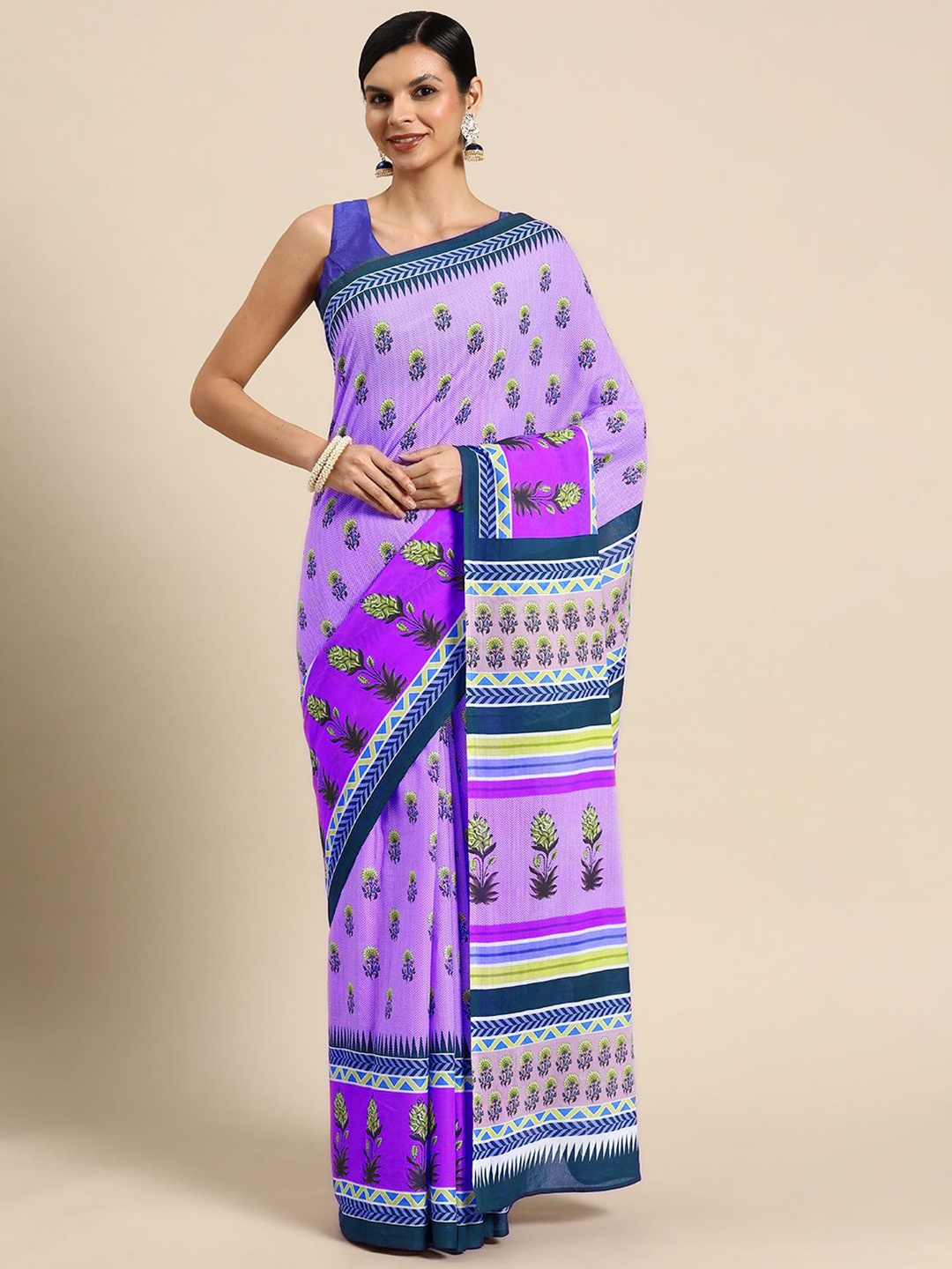 

BUTA BUTI Floral Printed Cotton Saree, Purple