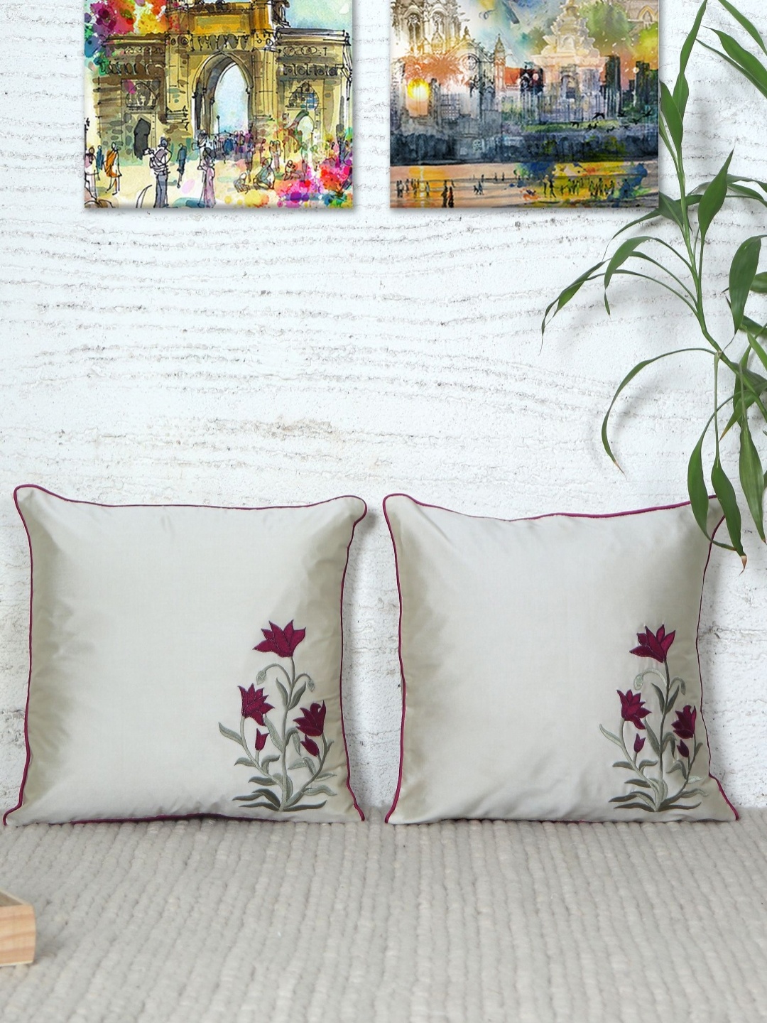 

ZEBA Off White & Pink 2 Pieces Floral Square Cushion Covers