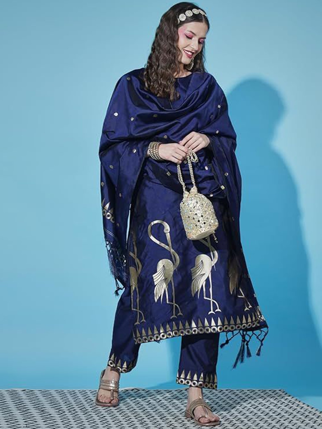 

VredeVogel Ethnic Motifs Woven Design Zari Jacquard Kurta With Trousers & Dupatta, Blue