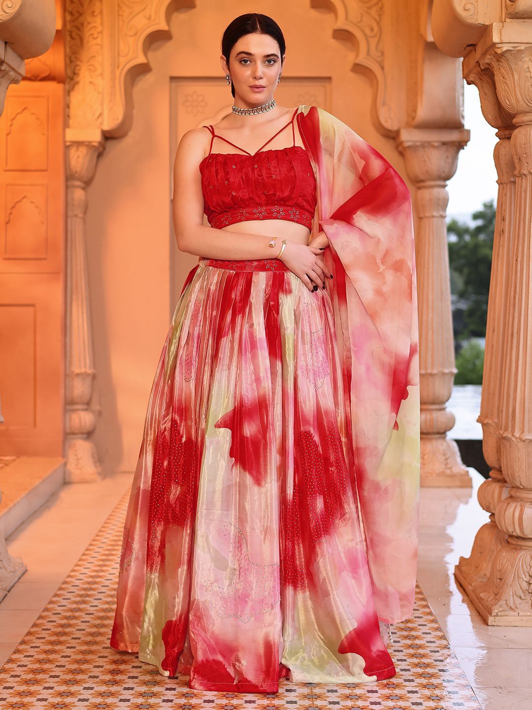 

PURVAJA Printed Beads and Stones Ready to Wear Lehenga & Unstitched Blouse With Dupatta, Red