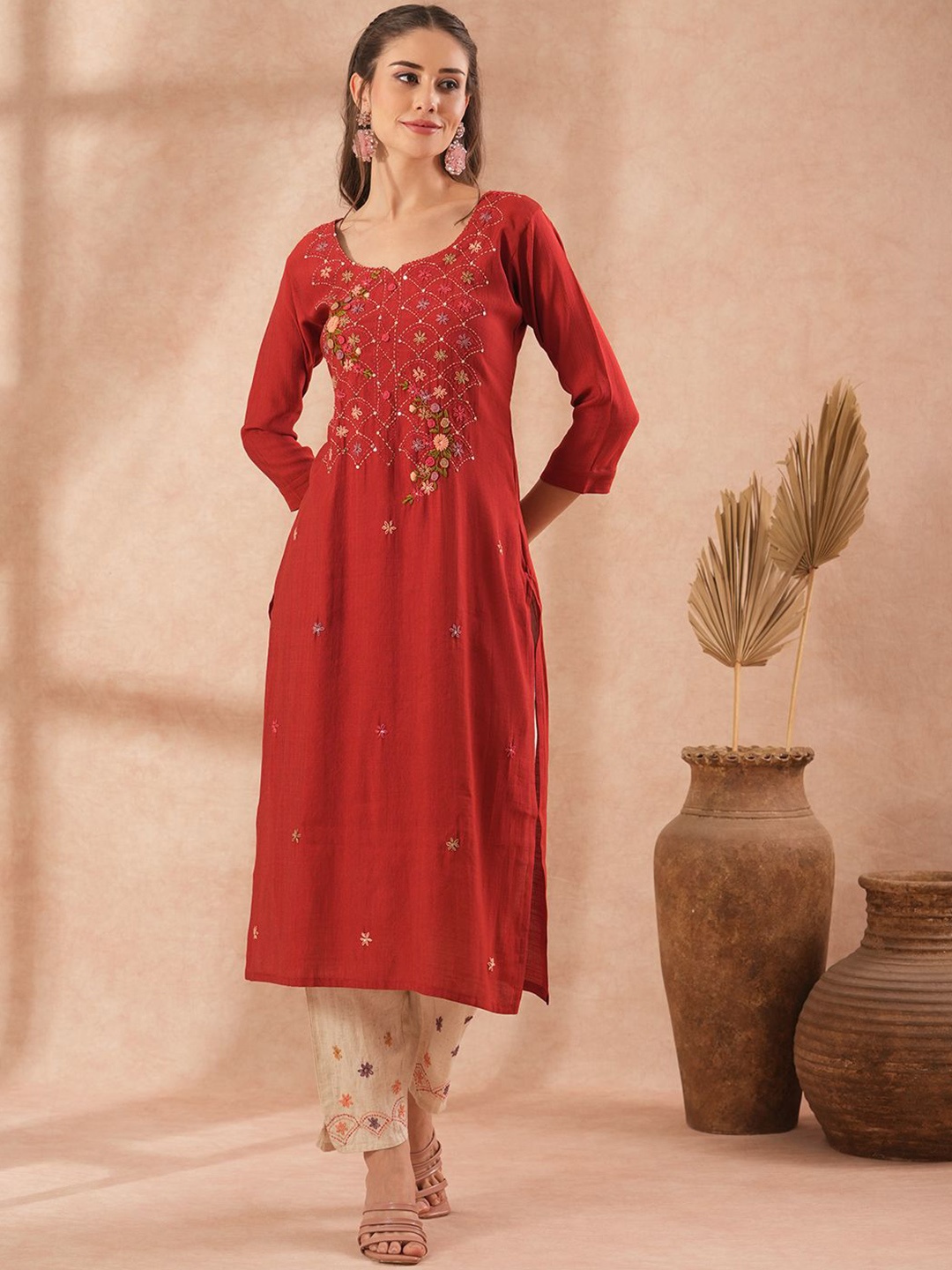 

FASHOR Floral Embroidered Round Neck Sequinned Straight Kurta with Trousers, Rust