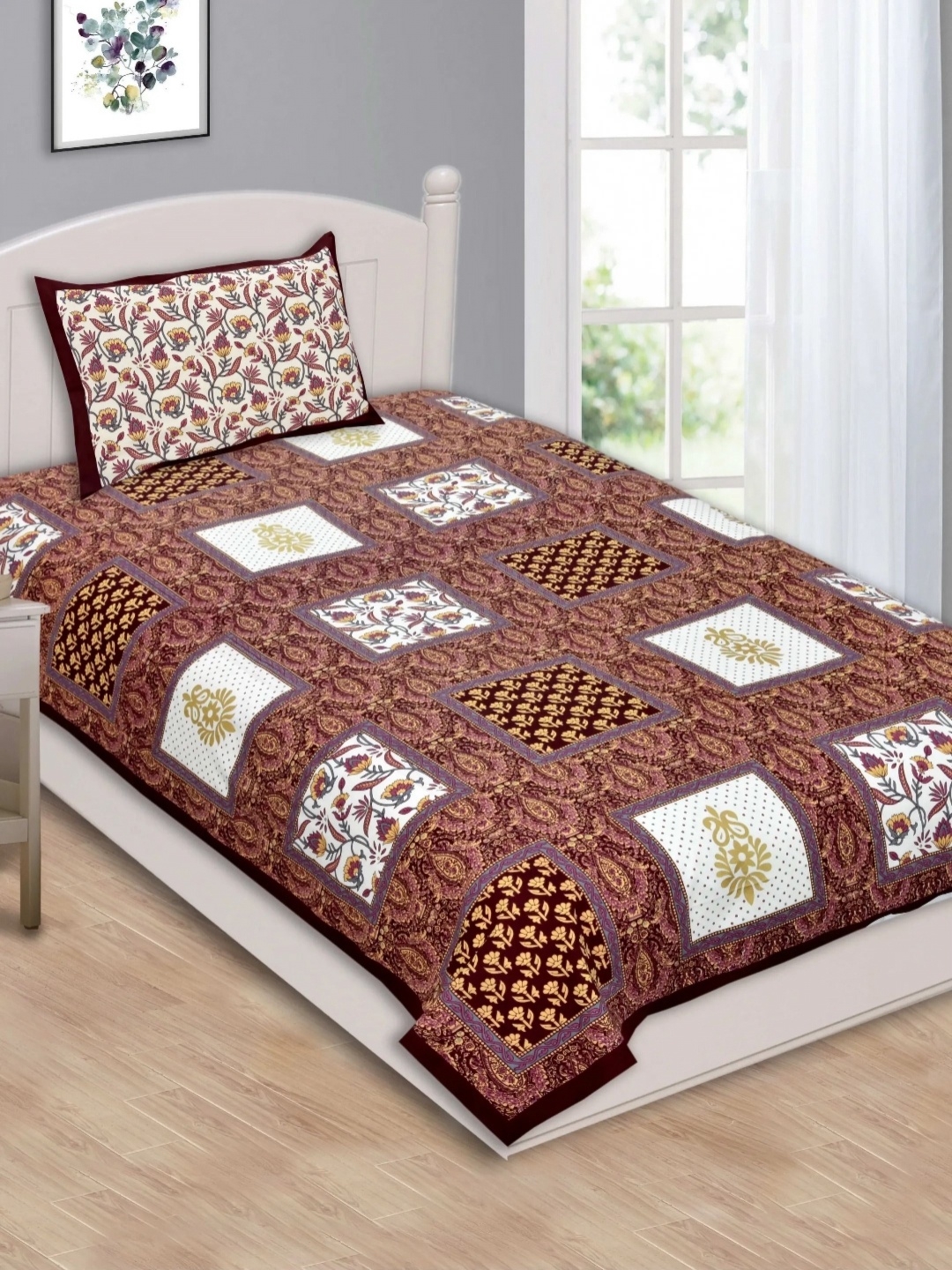 

LIVING ROOTS Maroon Ethnic Motifs Printed Cotton 144 TC Single Bedsheet With Pillow Cover