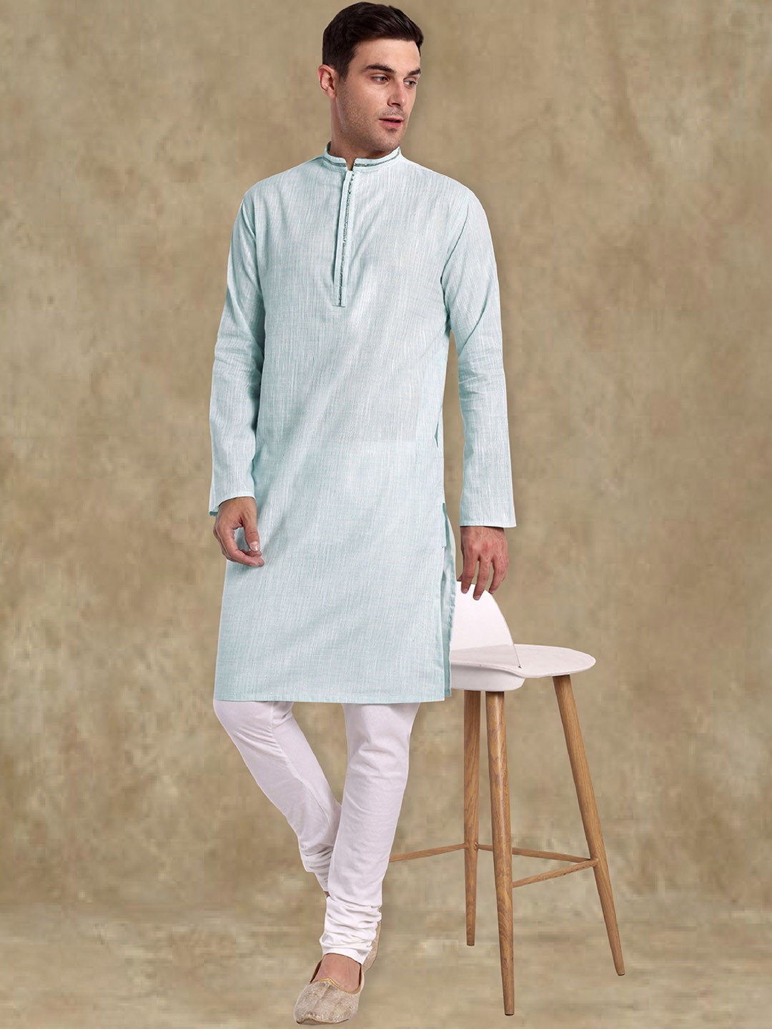 

Tesmare Striped Woven Design Thread Work Mandarin Collar Straight Kurta, Blue
