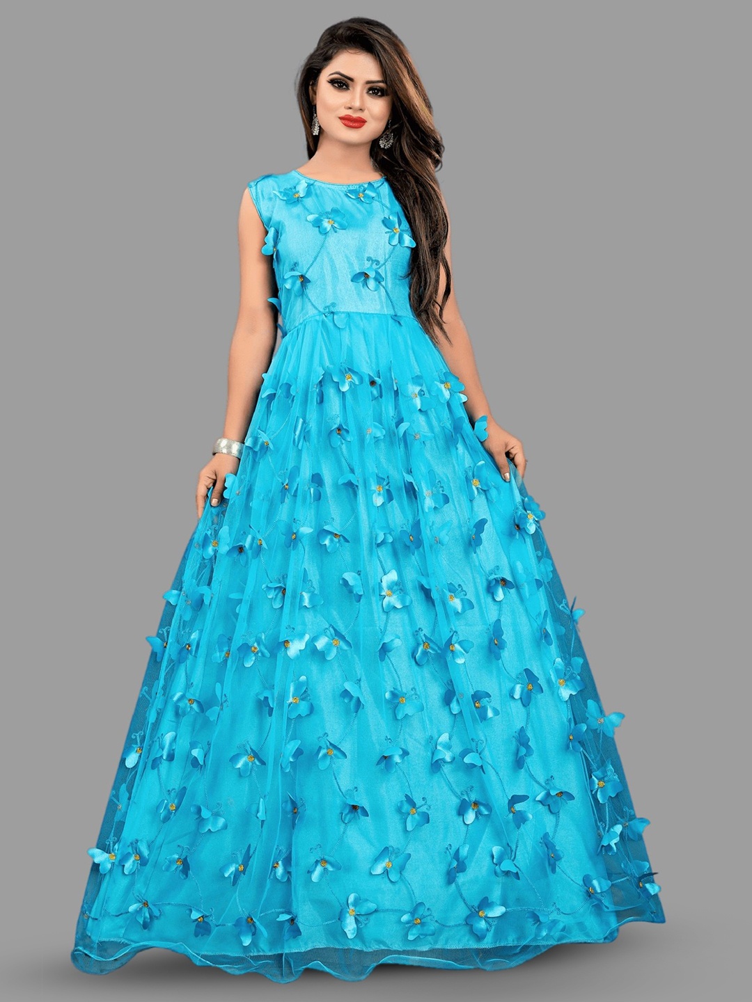 

Aika Embroidered Net Fit & Flare Maxi Dress, Turquoise blue