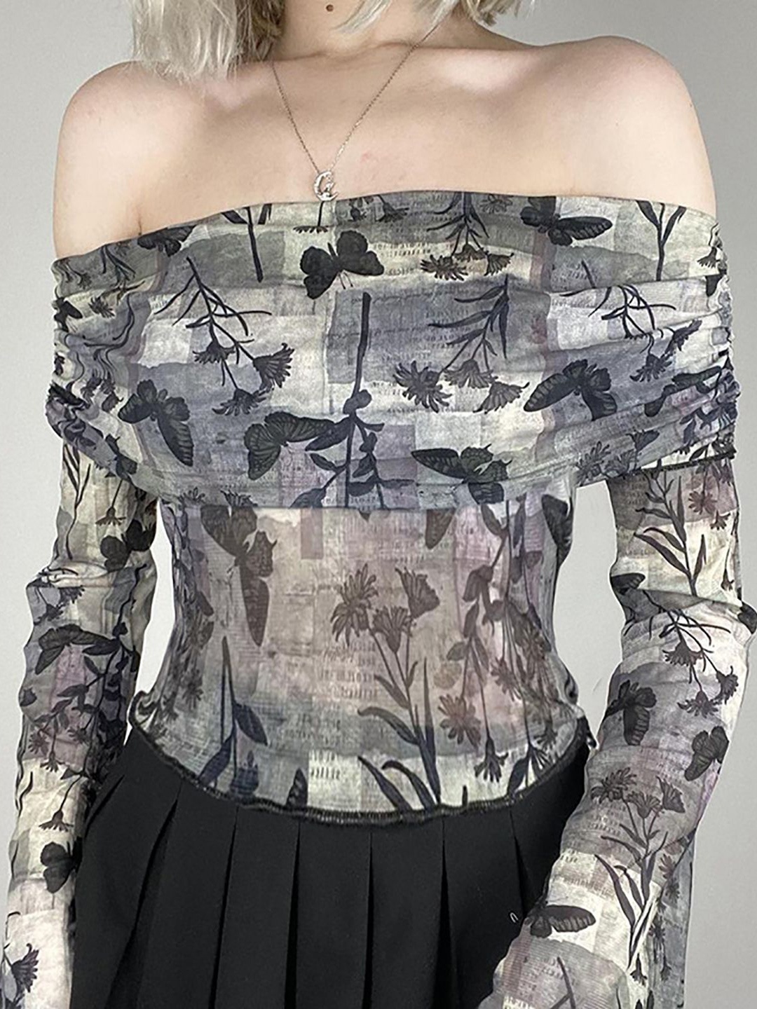 

StyleCast x Revolte Floral Print Off-Shoulder Layered Wrap Crop Top, Black
