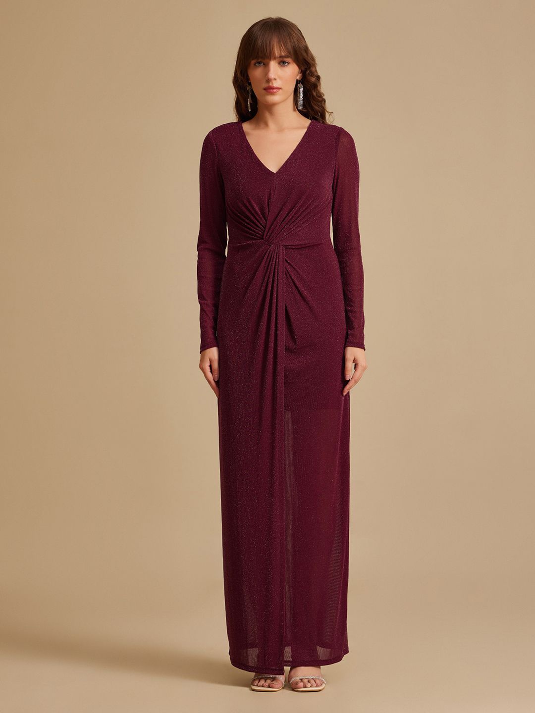 

Kazo V-Neck Self Design A-Line Maxi Dress, Maroon