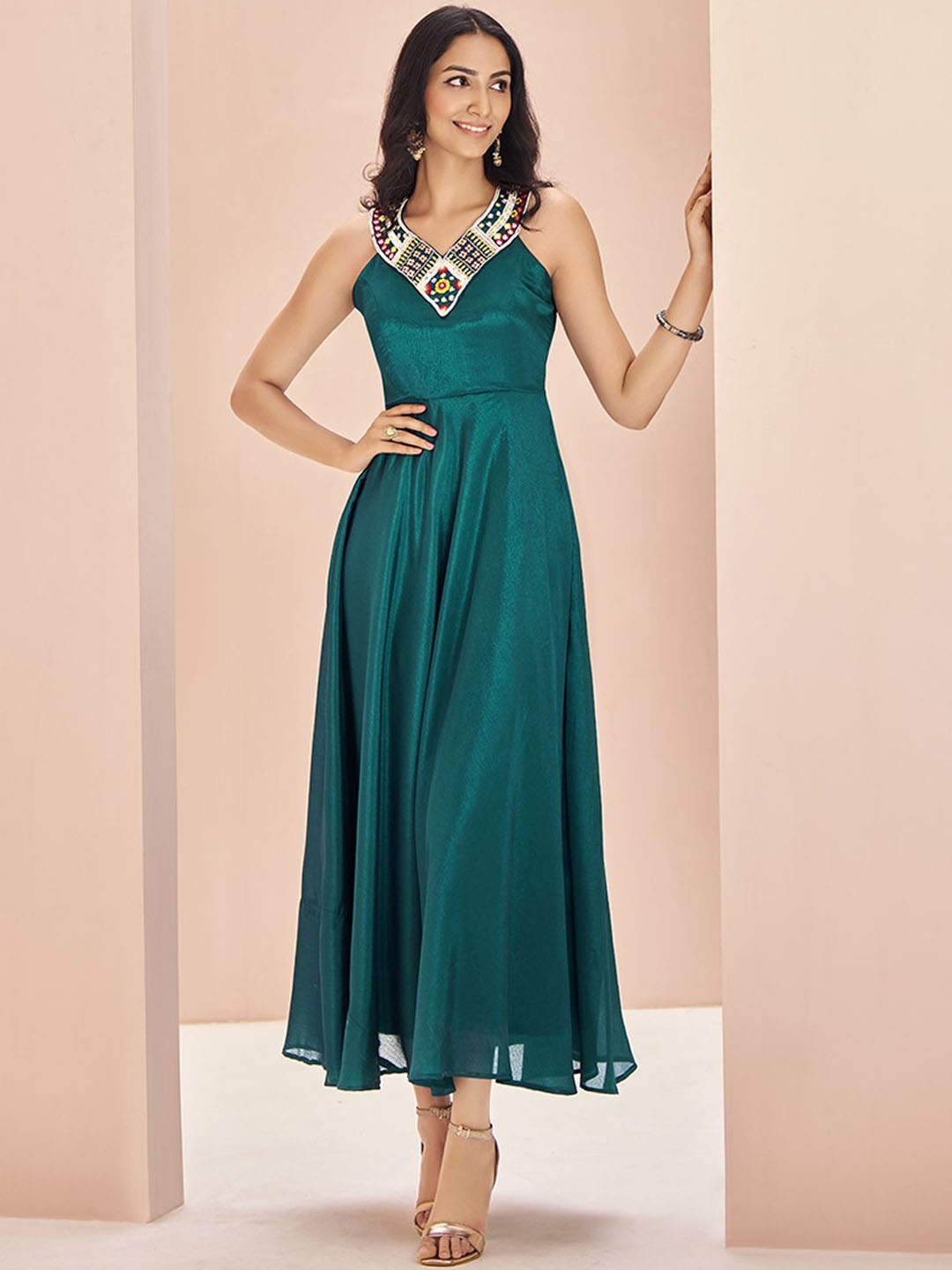 

Fusionic Women Embroidered Sleveeless Fit and Flare Maxi Dress, Teal
