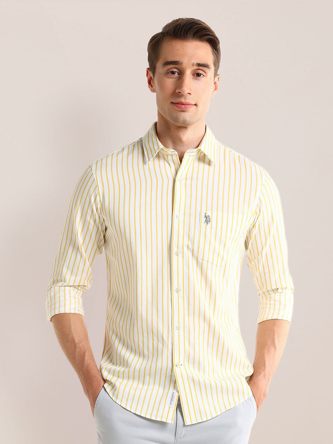 

U.S. Polo Assn. Men Classic Spread Collar Vertical Striped Cotton Casual Shirt, Yellow