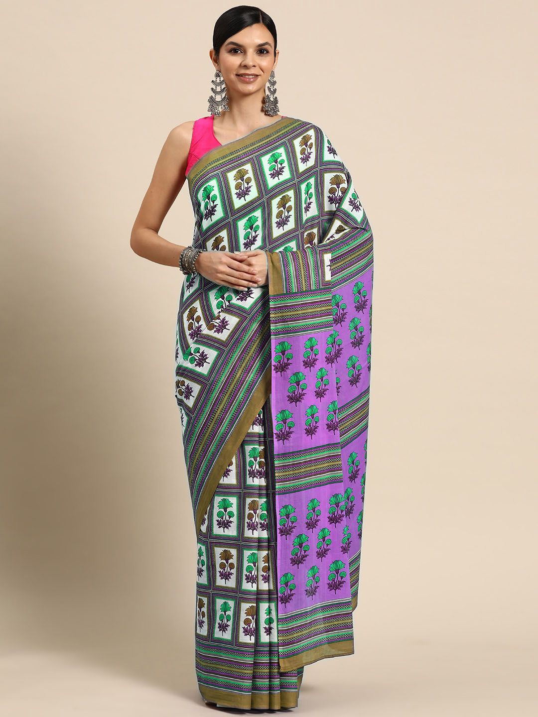 

BUTA BUTI Ethnic Motifs Printed Pure Cotton Saree, Green