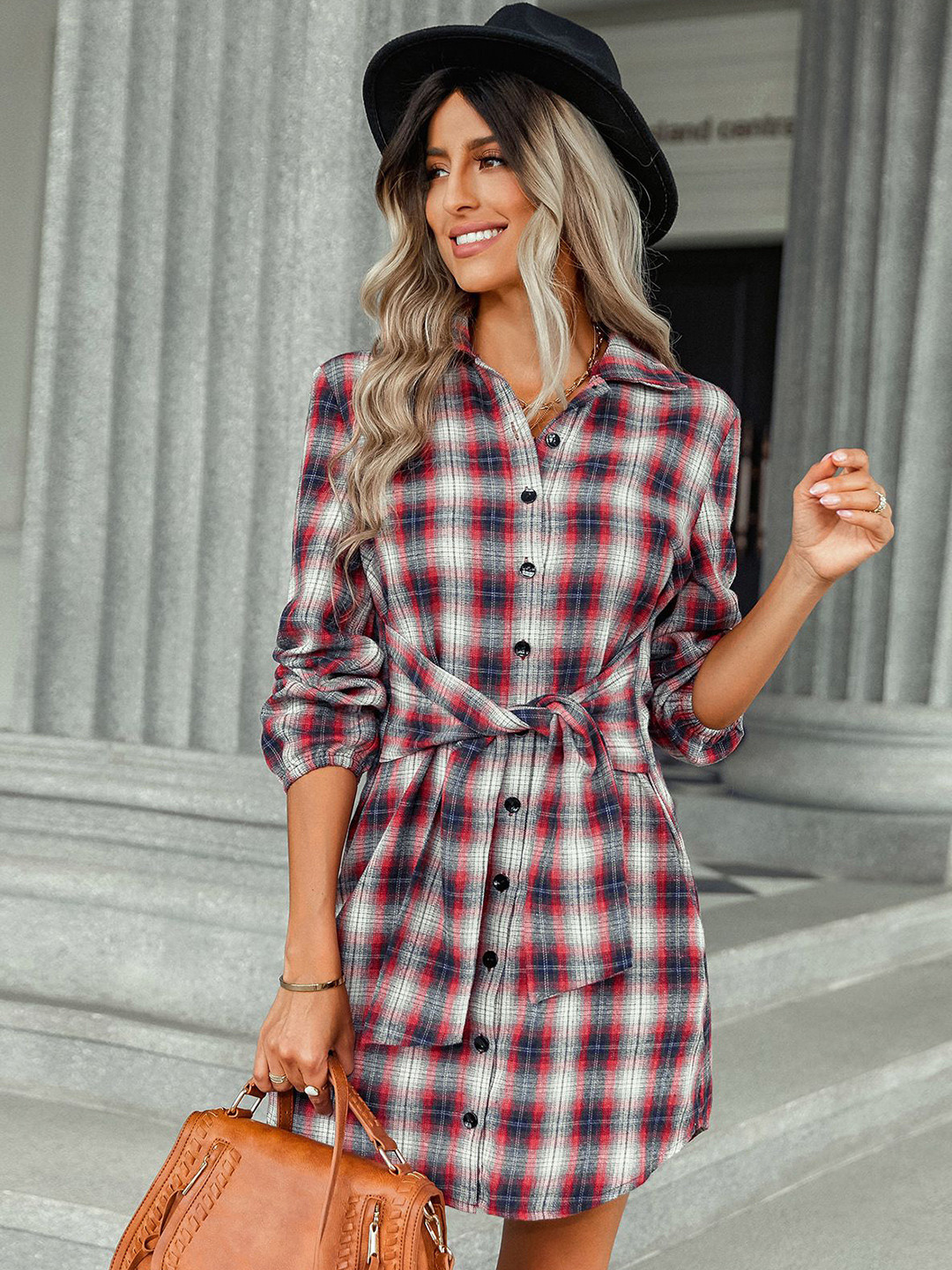 

StyleCast Checked Printed Shirt Mini Dress With Tie-Ups Detailing, Red