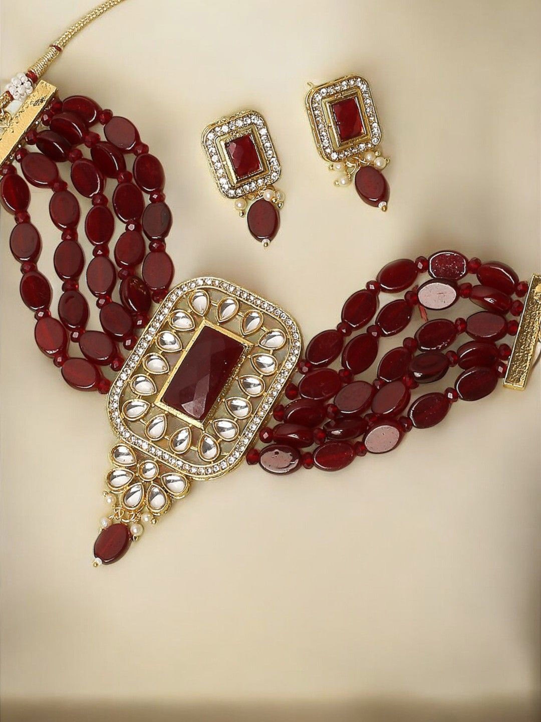 

House of Pataudi Kundan Stone Studded & Beaded Jewellery Set, Gold