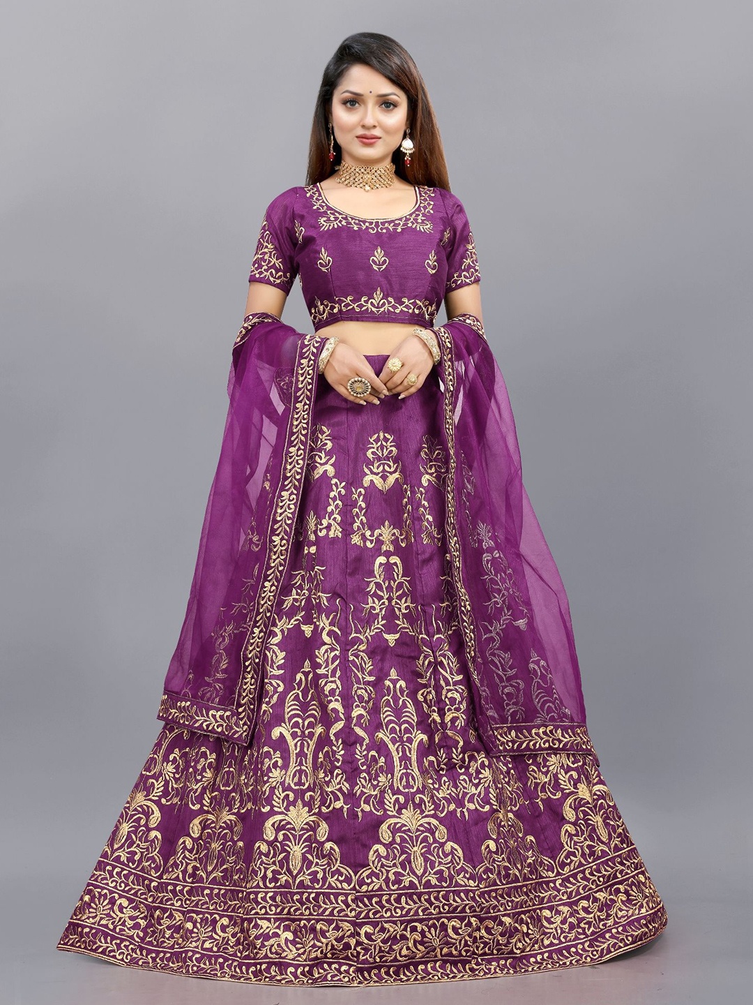 

APNISHA Embroidered Semi-Stitched Lehenga & Unstitched Blouse With Dupatta, Purple