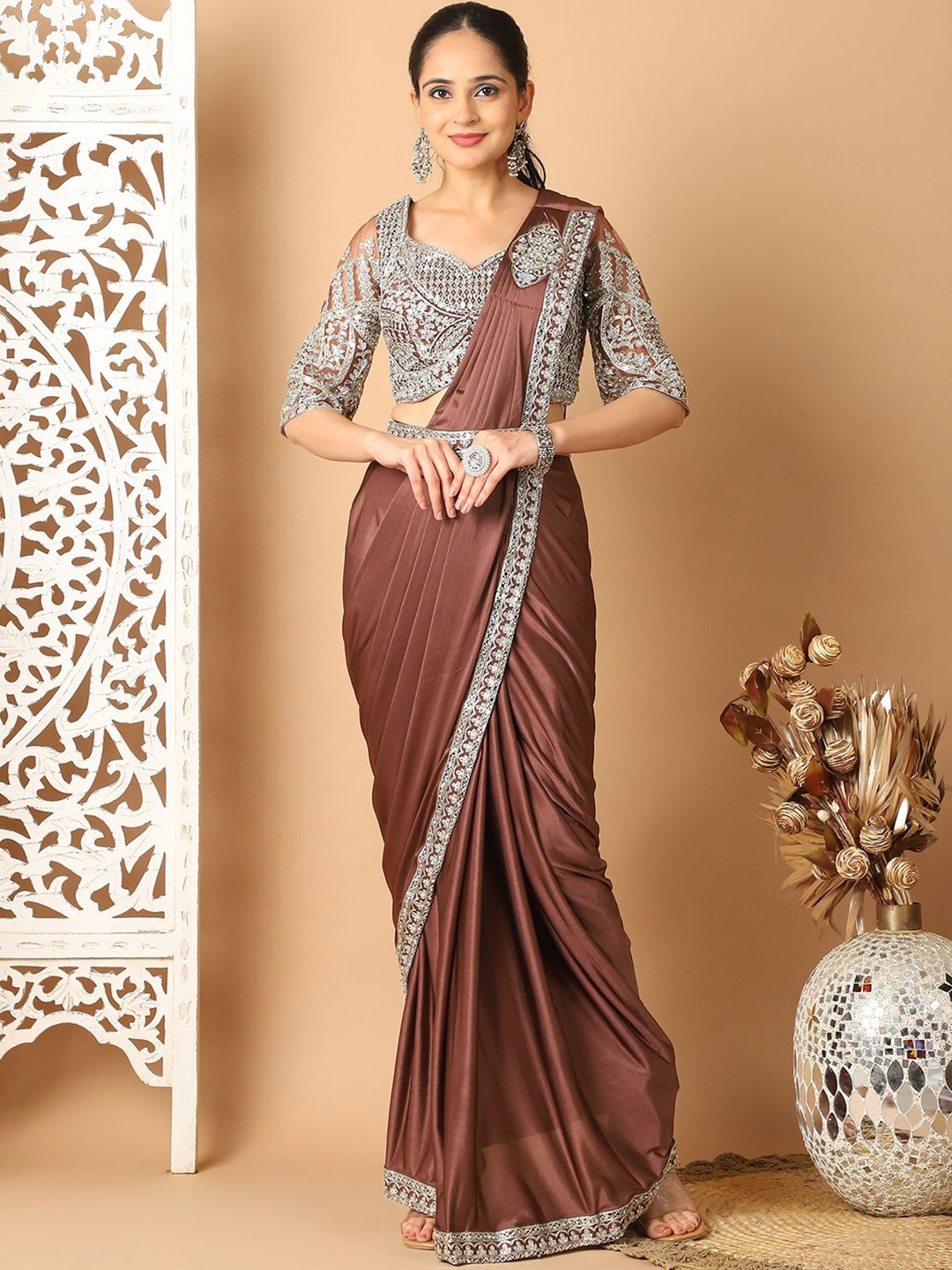 

Grancy Embroidered Ready to Wear Leheriya Saree, Coffee brown