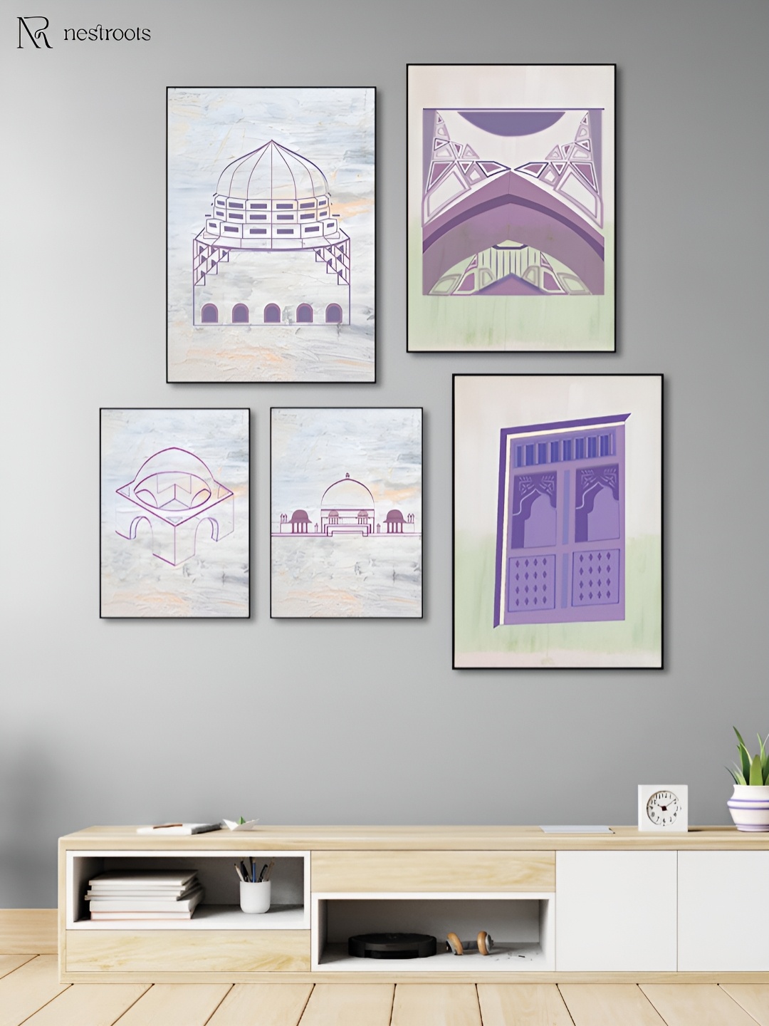 

nestroots Islamic Heritage White & Purple 5 Pieces Canvas Wall Paintings