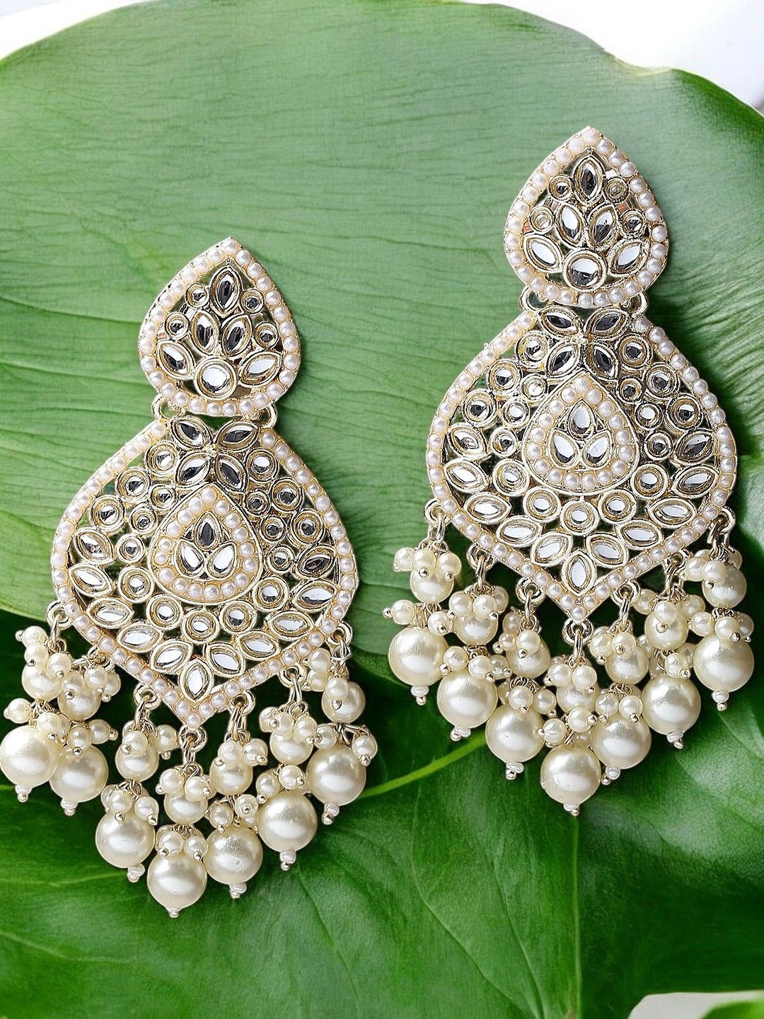 

House of Pataudi Kundan Stone Studded & Beaded Drop Earrings, Gold