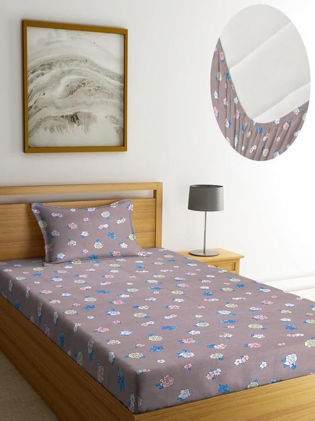 

MORADO Brown & White Floral Printed 210 TC Single Bedsheet with 1 Pillow Cover