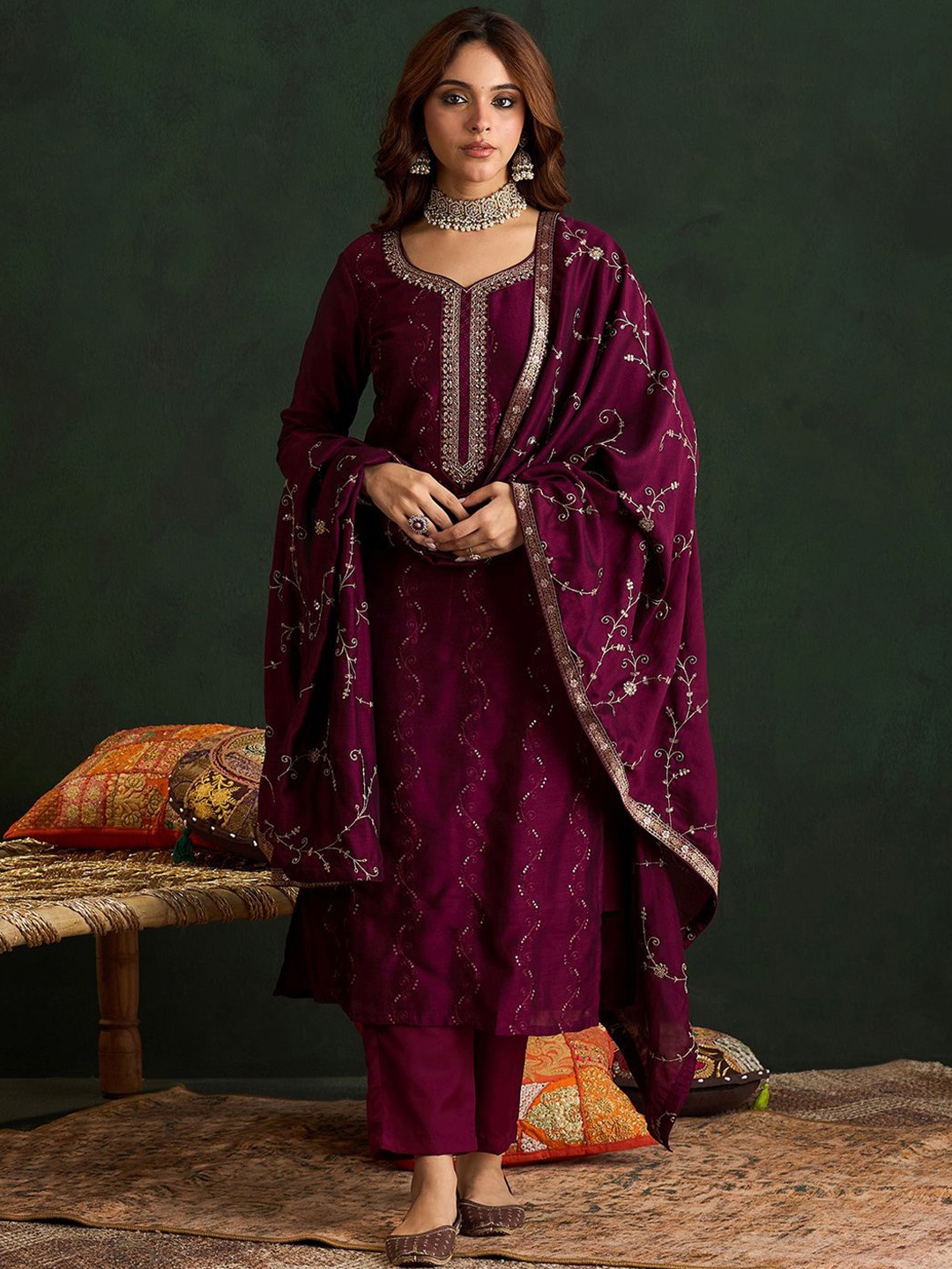 

Indo Era Ethnic Motifs Embroidered Kurta with Trousers & Dupatta, Burgundy