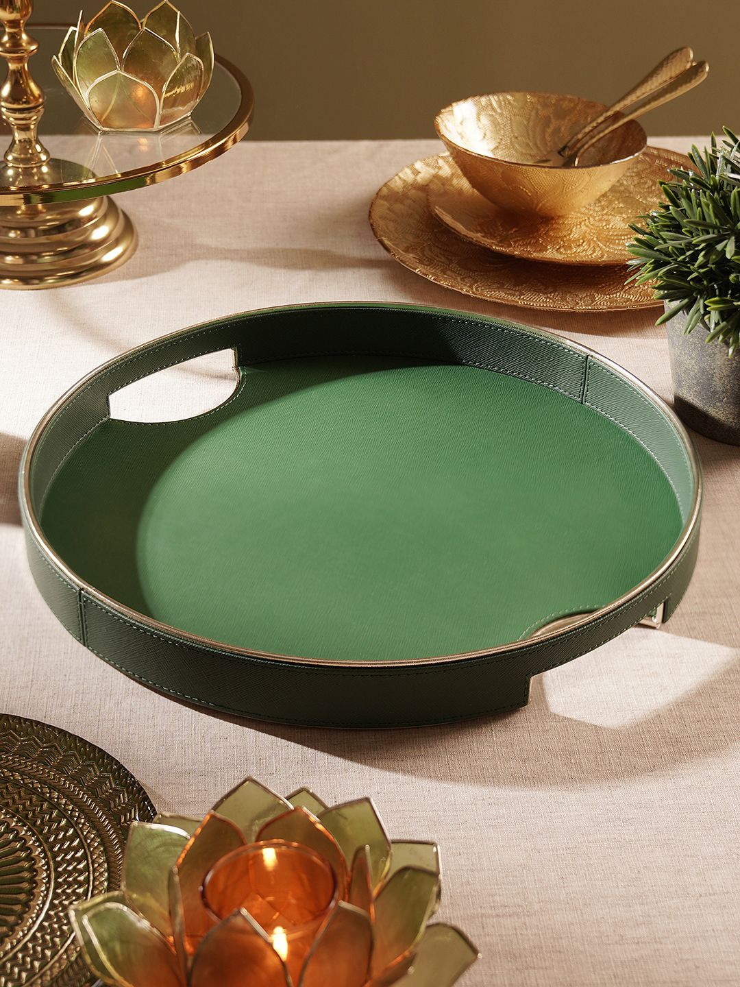 

Pure Home and Living Green Large Round Faux Leather Serving Tray